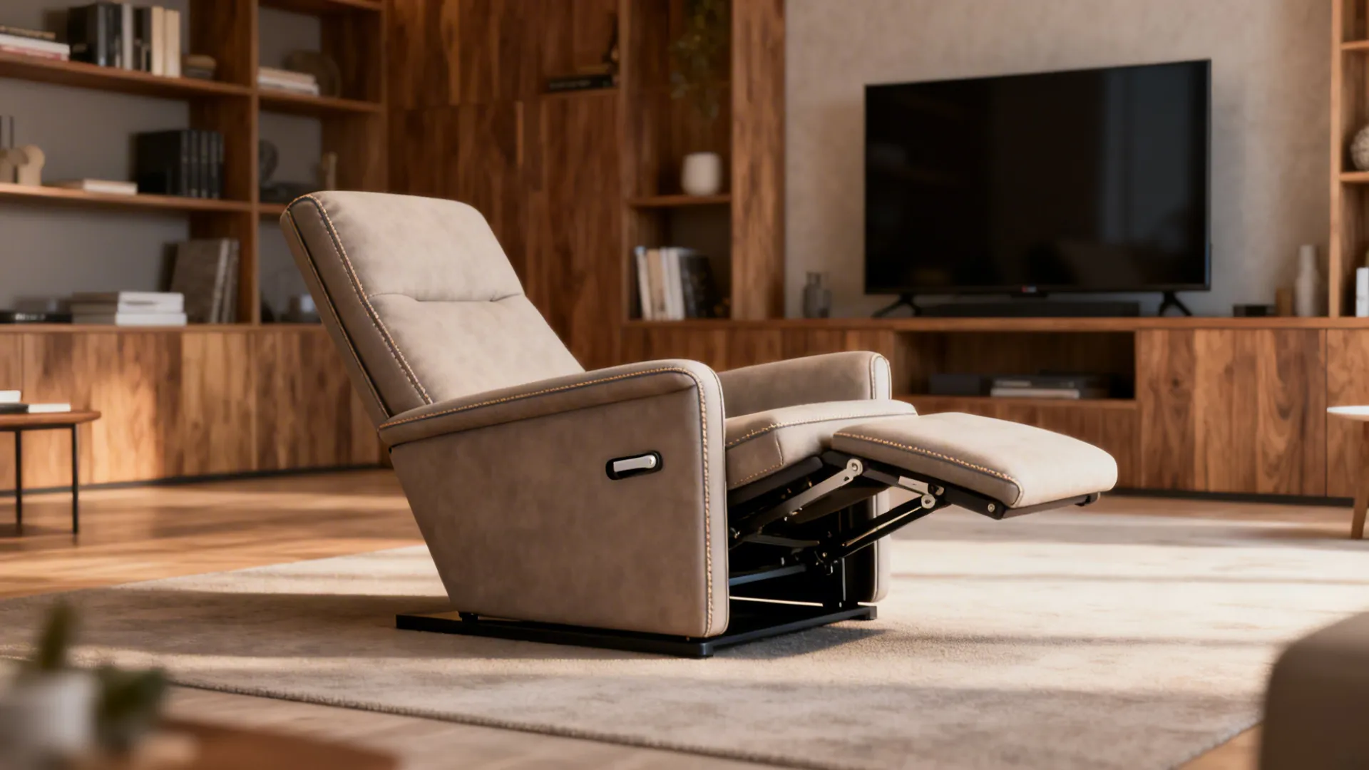 Slim reclining accent chair in a compact den showing low-profile mechanism and minimal footprint