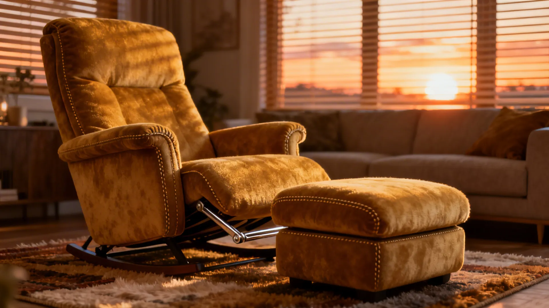 Reclining accent chair paired with a compact ottoman in a cozy living room with warm light