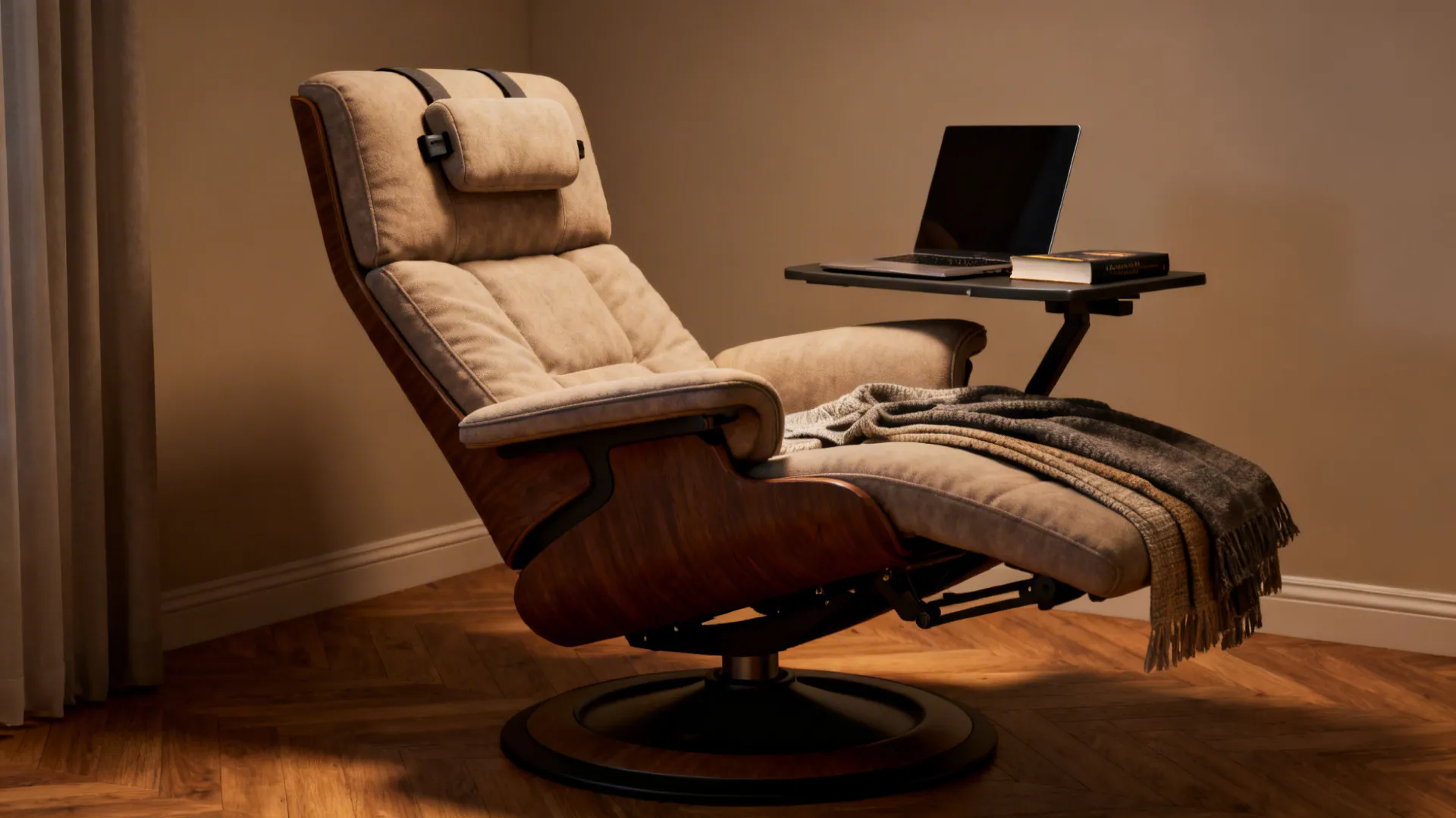 Reclining high-back swivel chair in a multi-tasking corner with adjustable head support and attachable tray table.