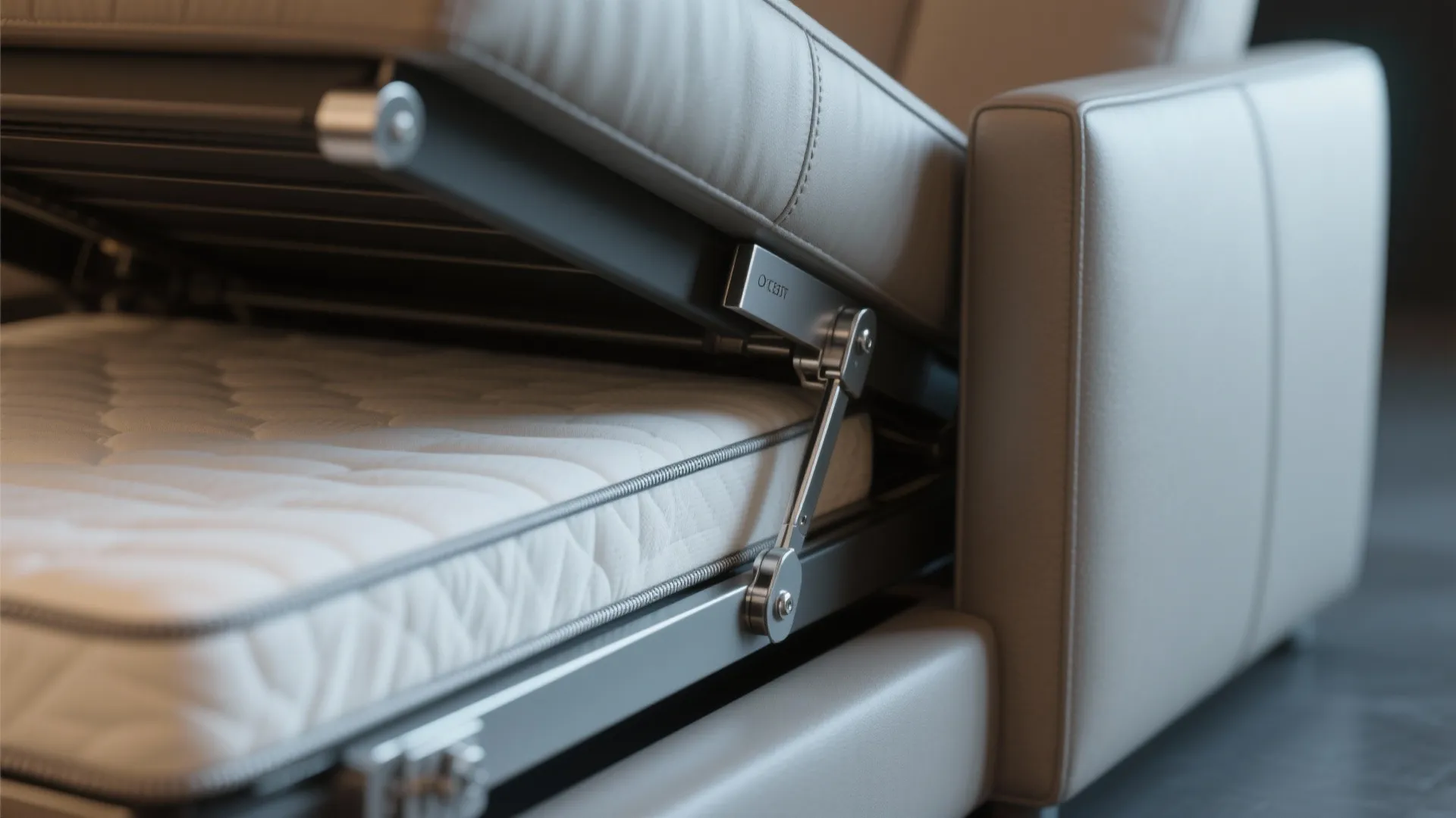 Close up view of a metal mechanical frame lifting up to reveal a hidden mattress