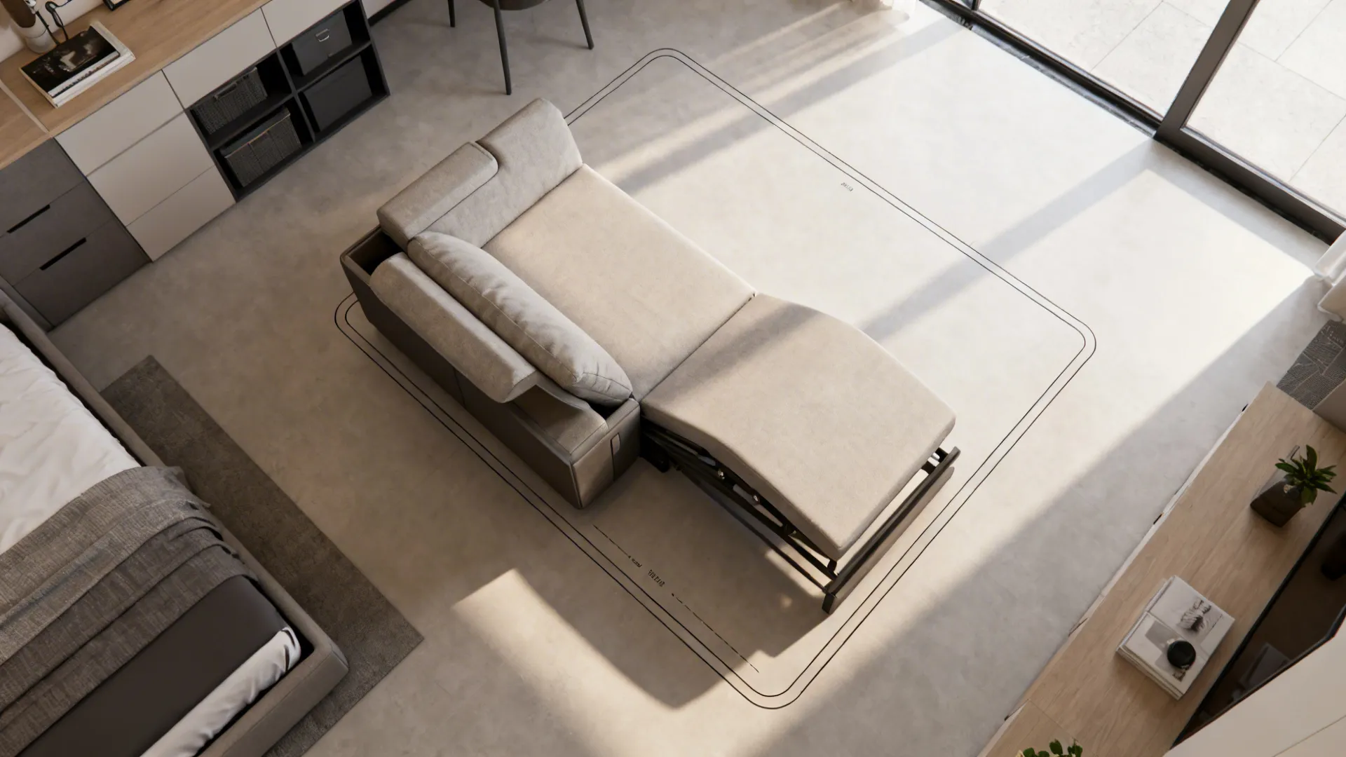 Top-down studio layout with a compact reclining sleeper sofa partially extended into a bed.