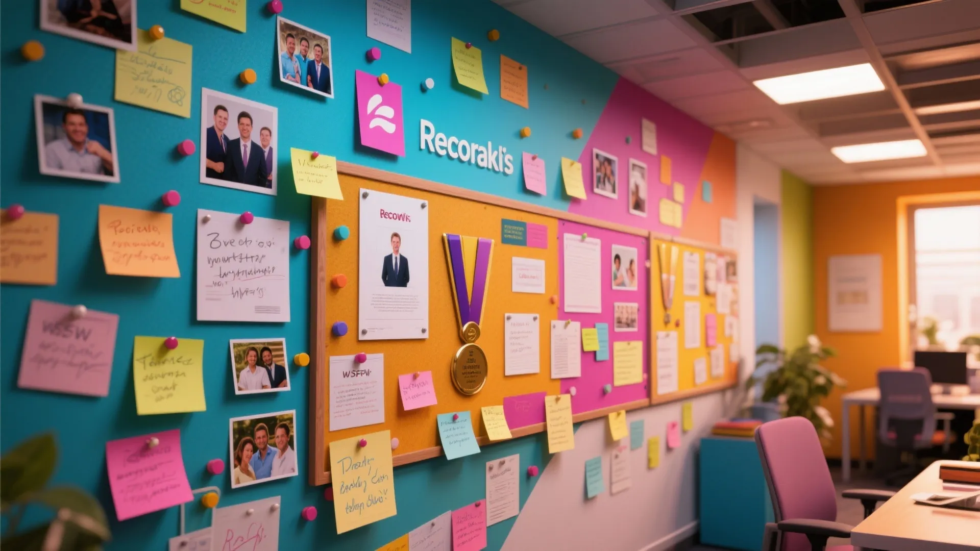 Colorful office recognition wall with photos and notes