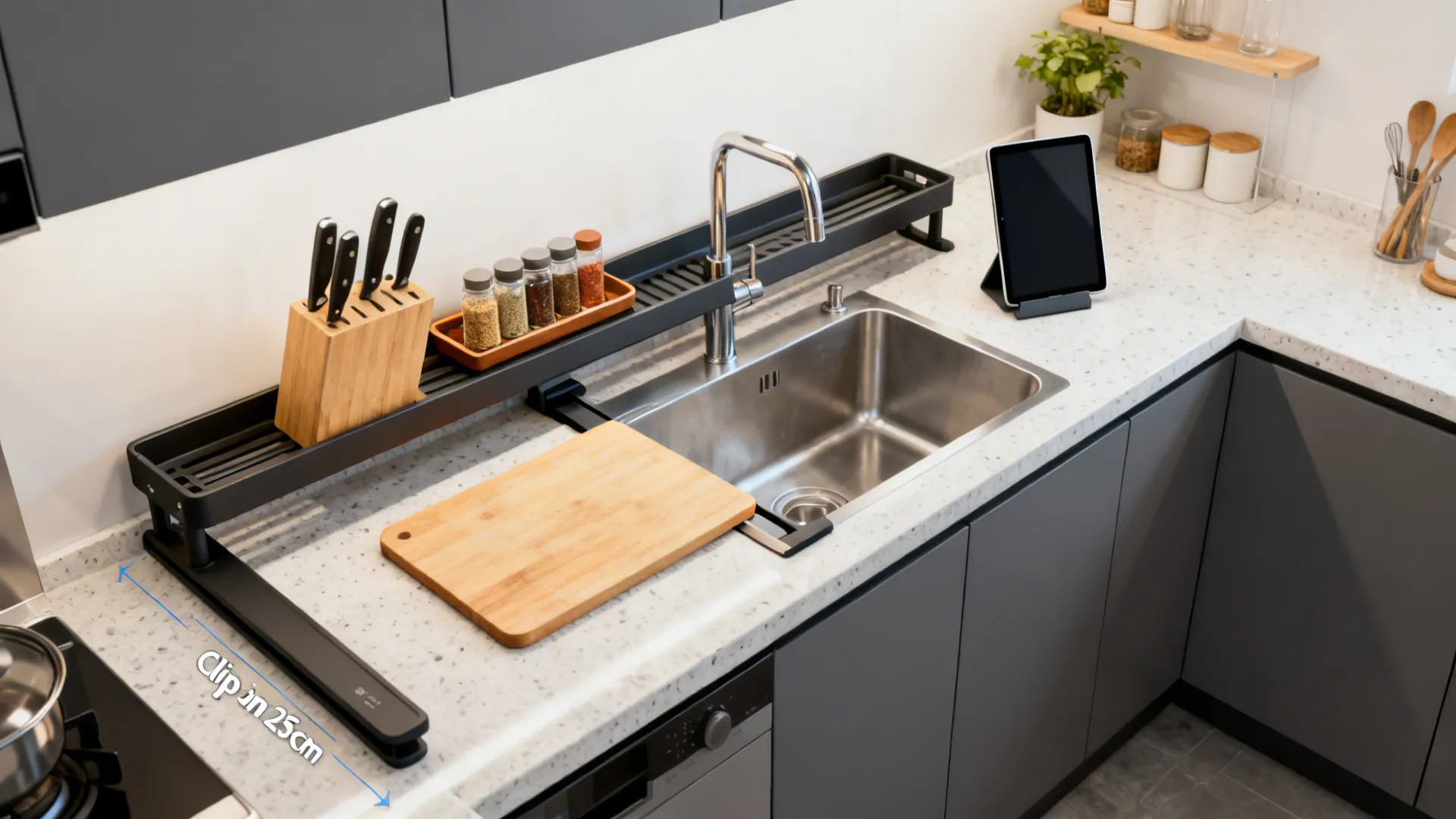 Compact kitchen with a clip-on prep ledge, rail accessories, and a chopping board bridging the sink.
