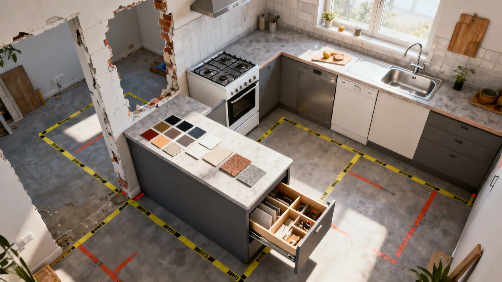 Top-down view of a small kitchen reconfiguration with a compact island and pull-out storage.
