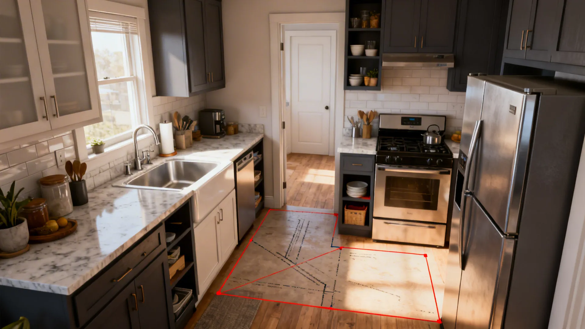 Small kitchen with a reorganized layout showing an efficient work triangle and reclaimed spaces