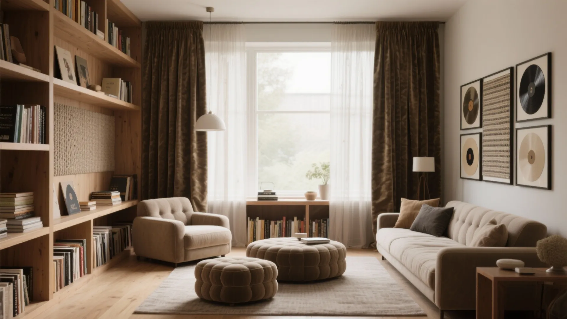 Cozy living room featuring a large bookshelf, beige sofa, two footrests, and records on wall