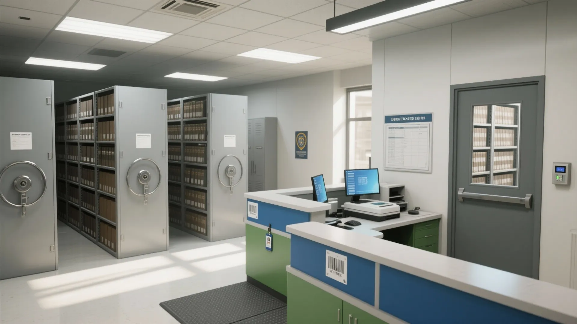Modern office records room with storage cabinets reception desk computer screen gray door and ceiling lights