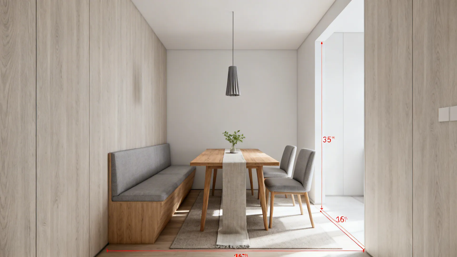 60x36 inch rectangular dining table in a narrow niche with banquette seating and clear walkway space.