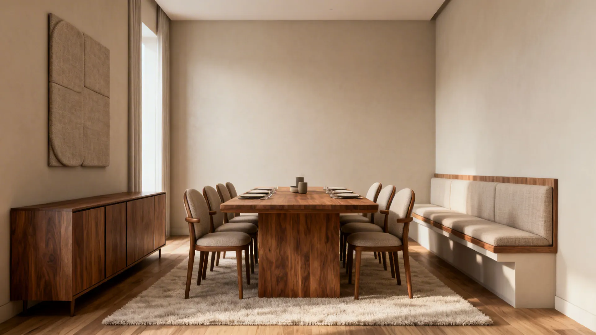 Rectangular 8-seat table with banquette and 36–40 inch clearances in a narrow dining room.