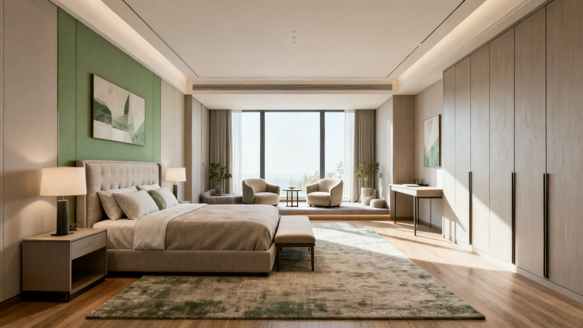Modern bedroom with green wall panel large windows beige sofa two chairs and wooden floor design