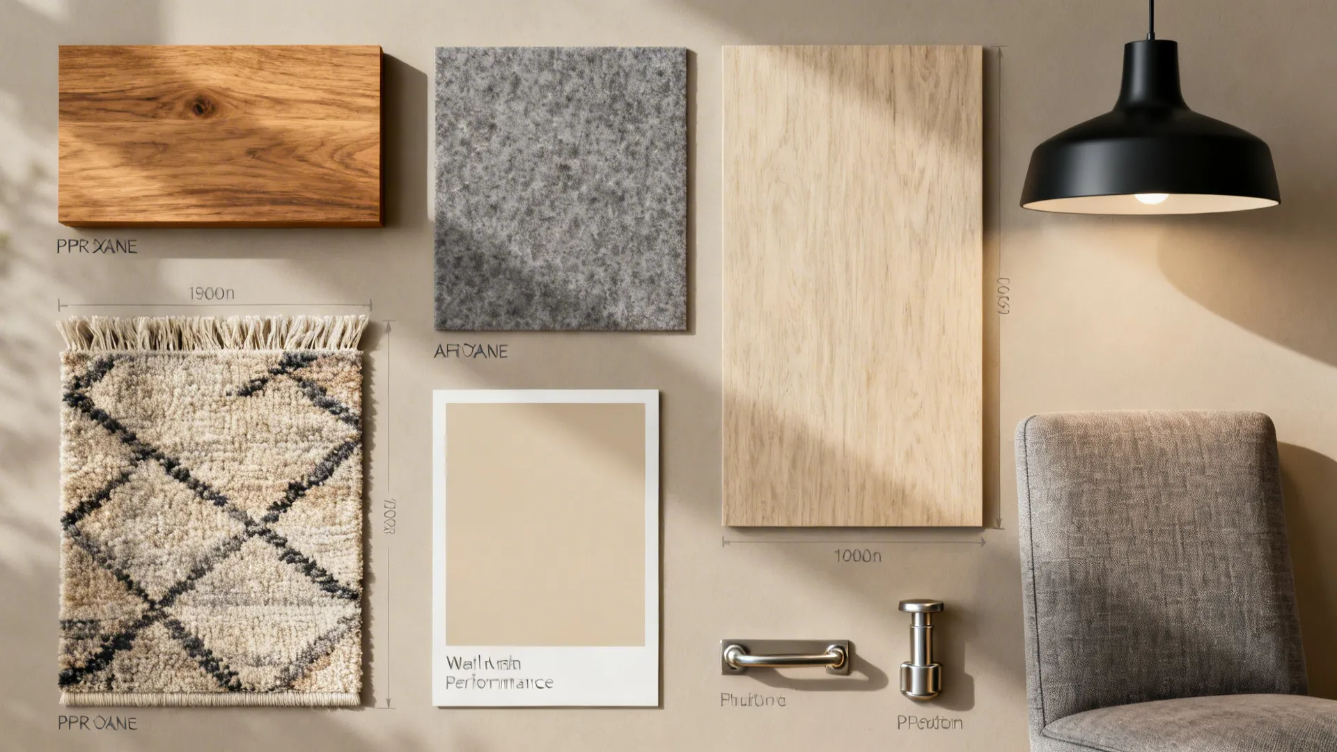 Flat lay of oak tabletop, wool rug, felt panels, neutral paint, and pendant finishes.