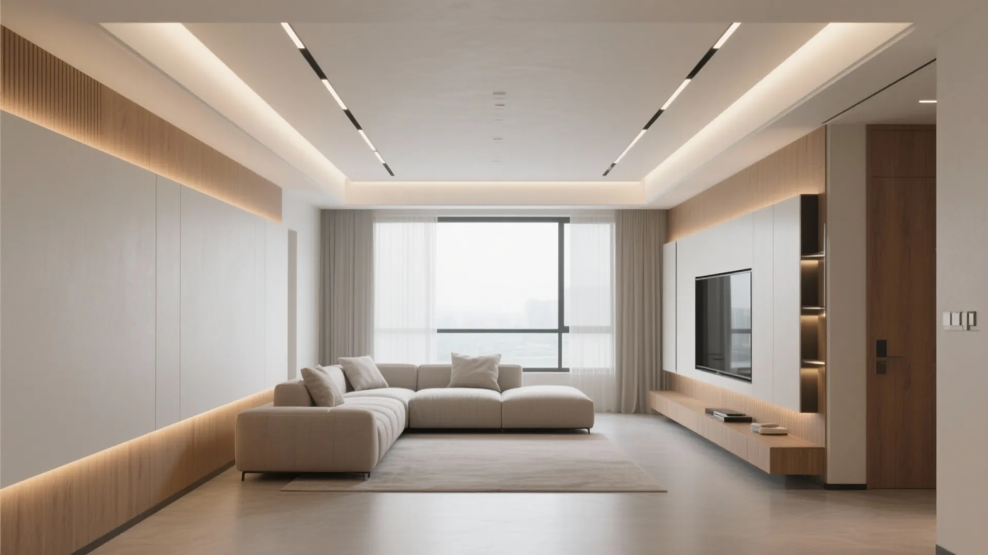 Modern minimalist living room with large grey sofa wooden wall panels and warm ceiling light