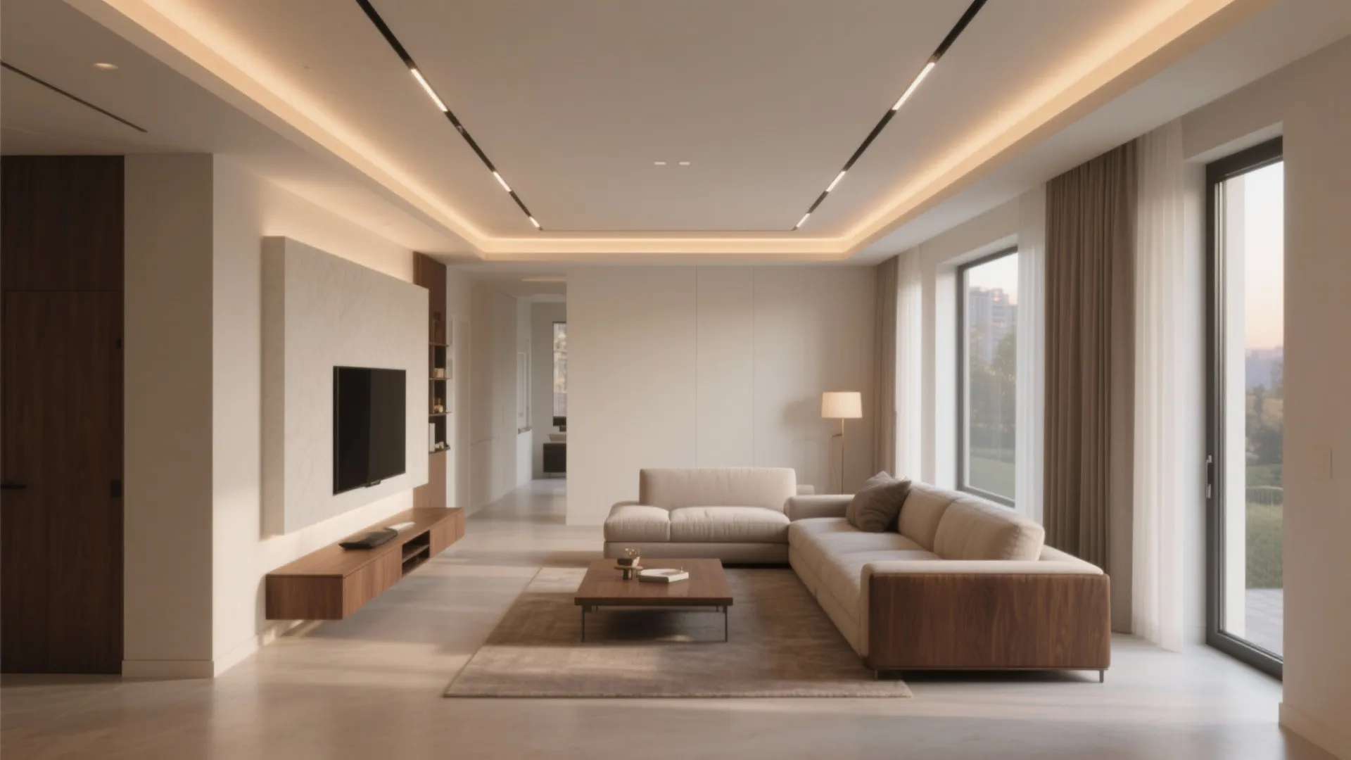 Modern living room with beige sofa wooden coffee table television wall and warm hidden ceiling lights