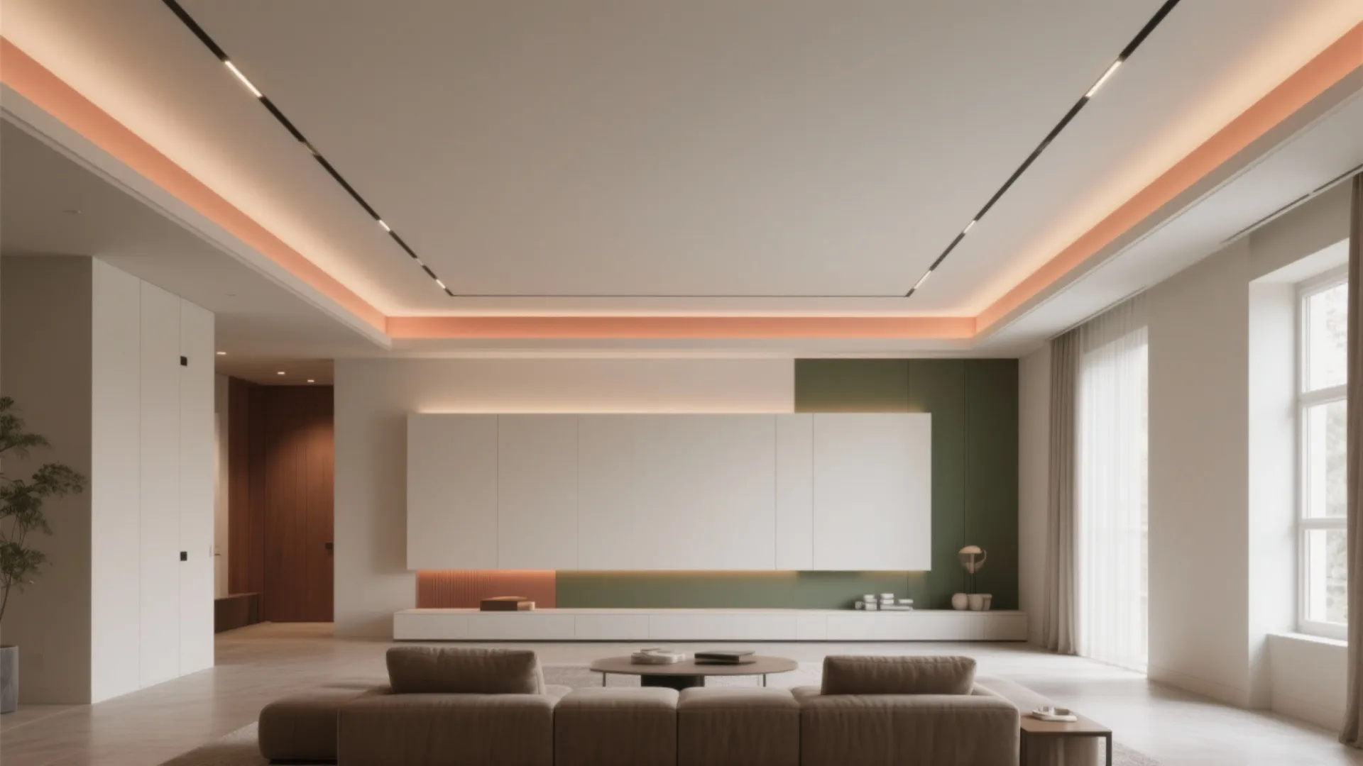 Minimalist living room with brown sofa white cabinet green wall panel and warm recessed light