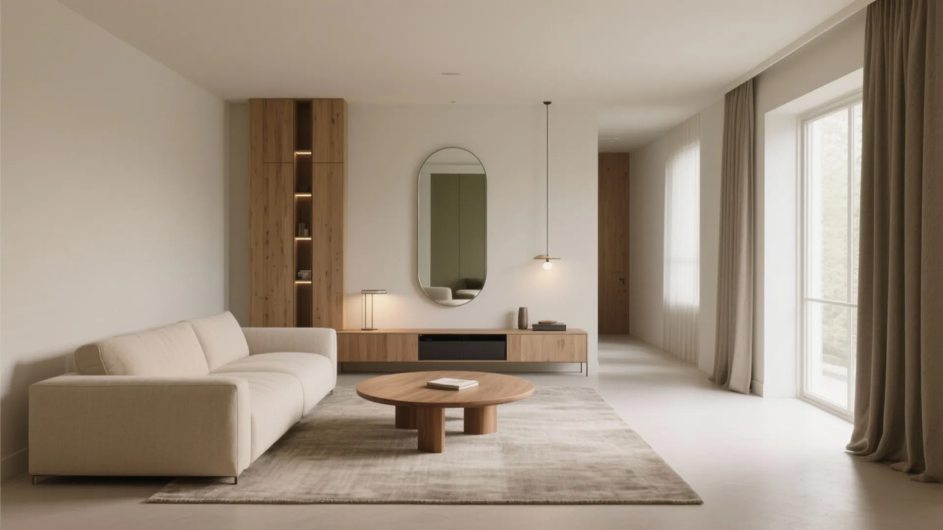Minimalist living room with beige sofa round wooden table oval mirror wall cabinet and curtains