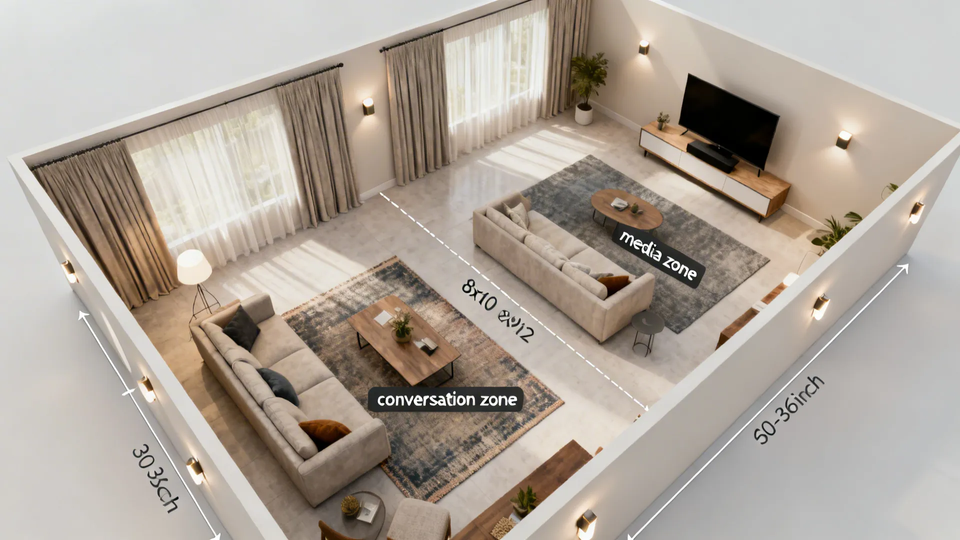 Top-down overview of a rectangular living room showing zones, rug sizes, TV placement, curtains, and layered lighting.
