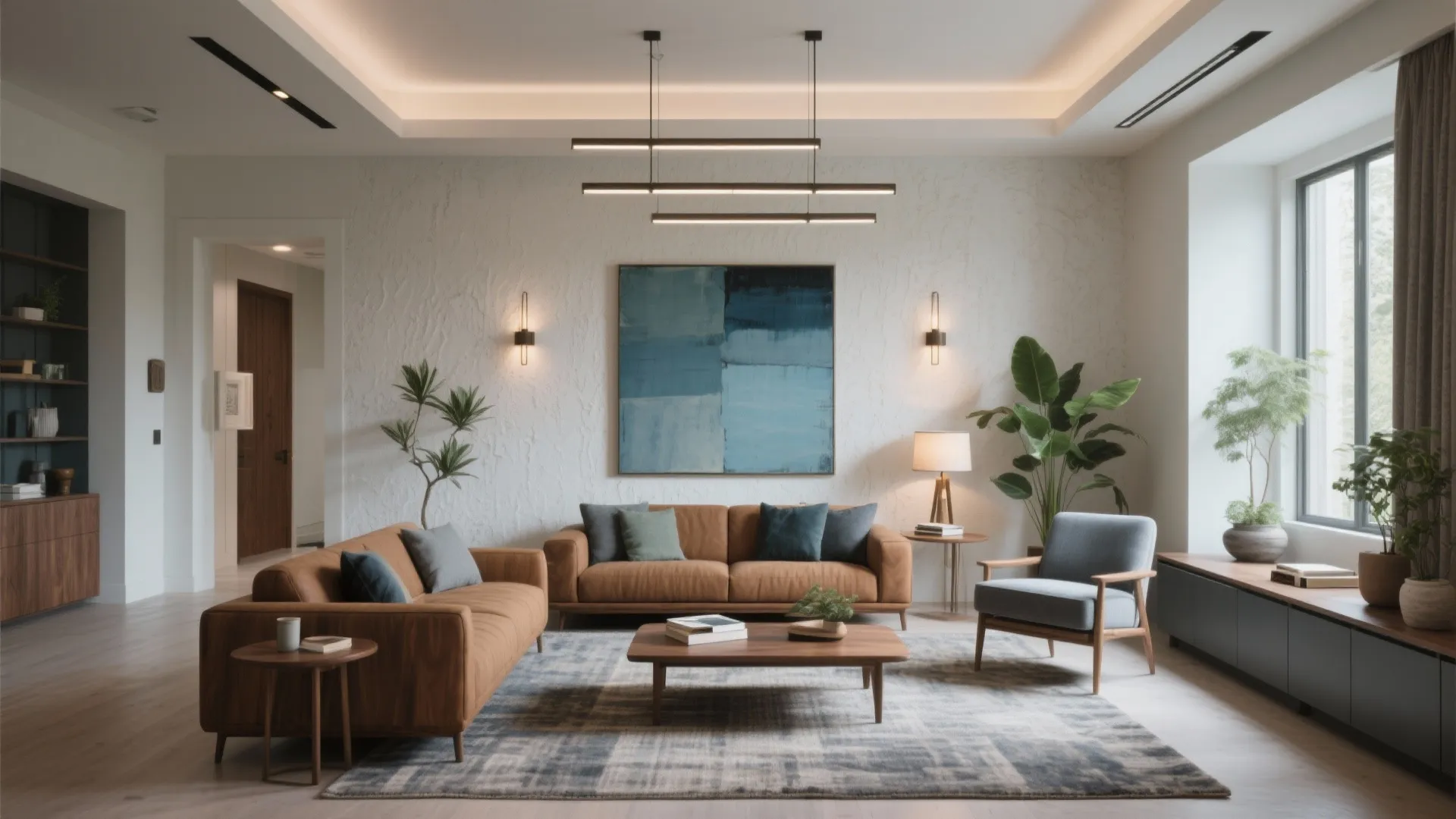 Modern living room with brown sofas grey armchair blue wall painting ceiling lights and green plants