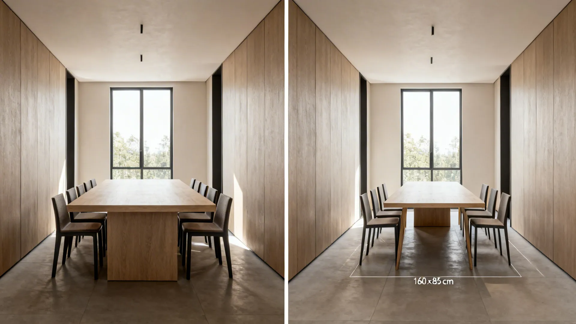 Side by side comparison showing a large wooden dining table and a smaller sized table version