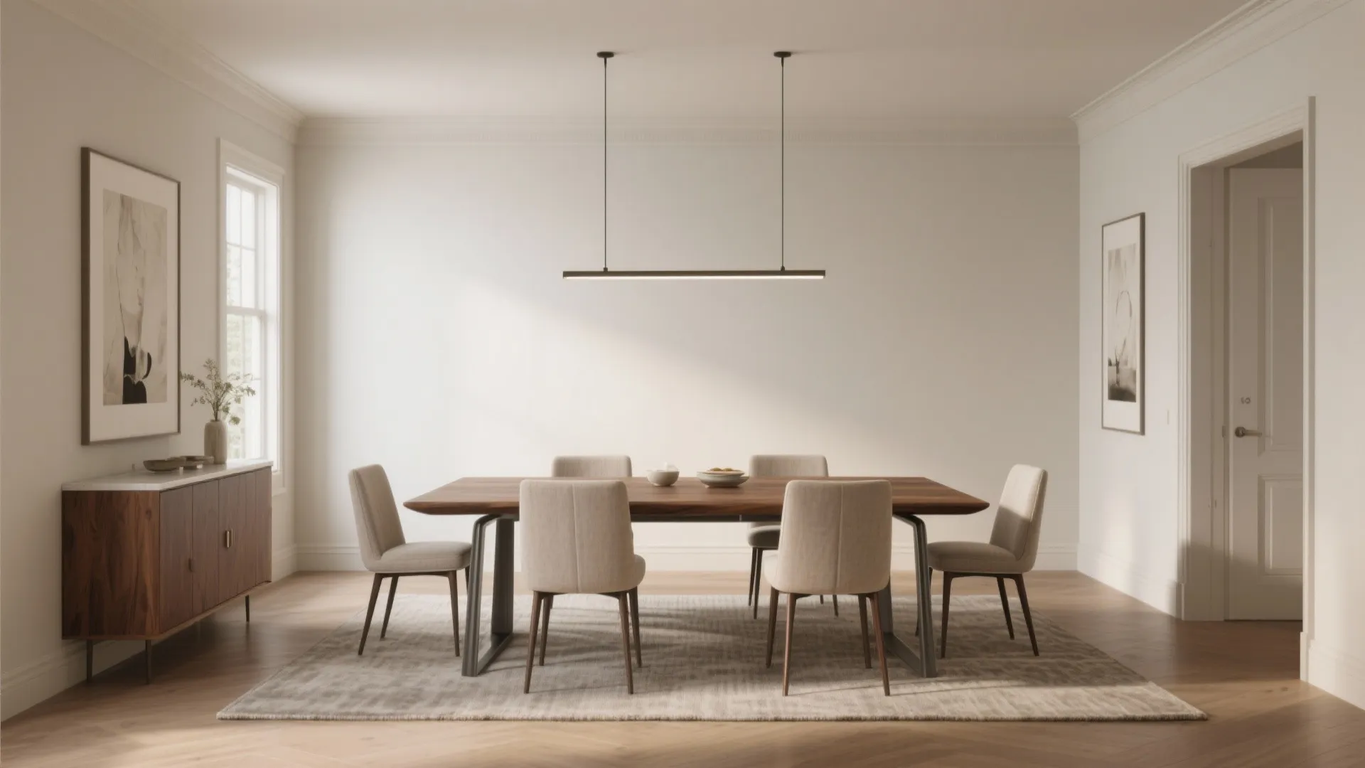 Modern dining room with wooden table, beige chairs, linear ceiling light, cabinet, and white walls