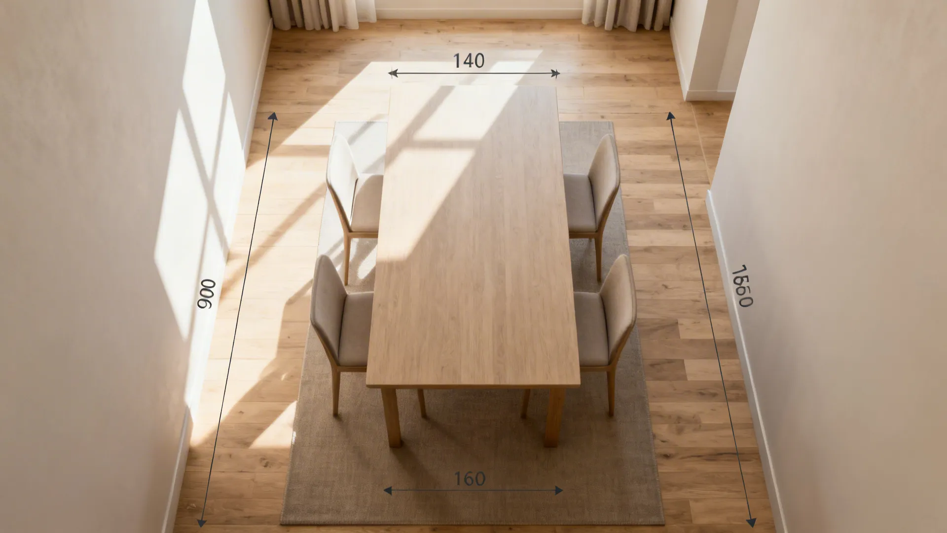Top view of rectangular wooden dining table with four chairs showing room layout and measurements