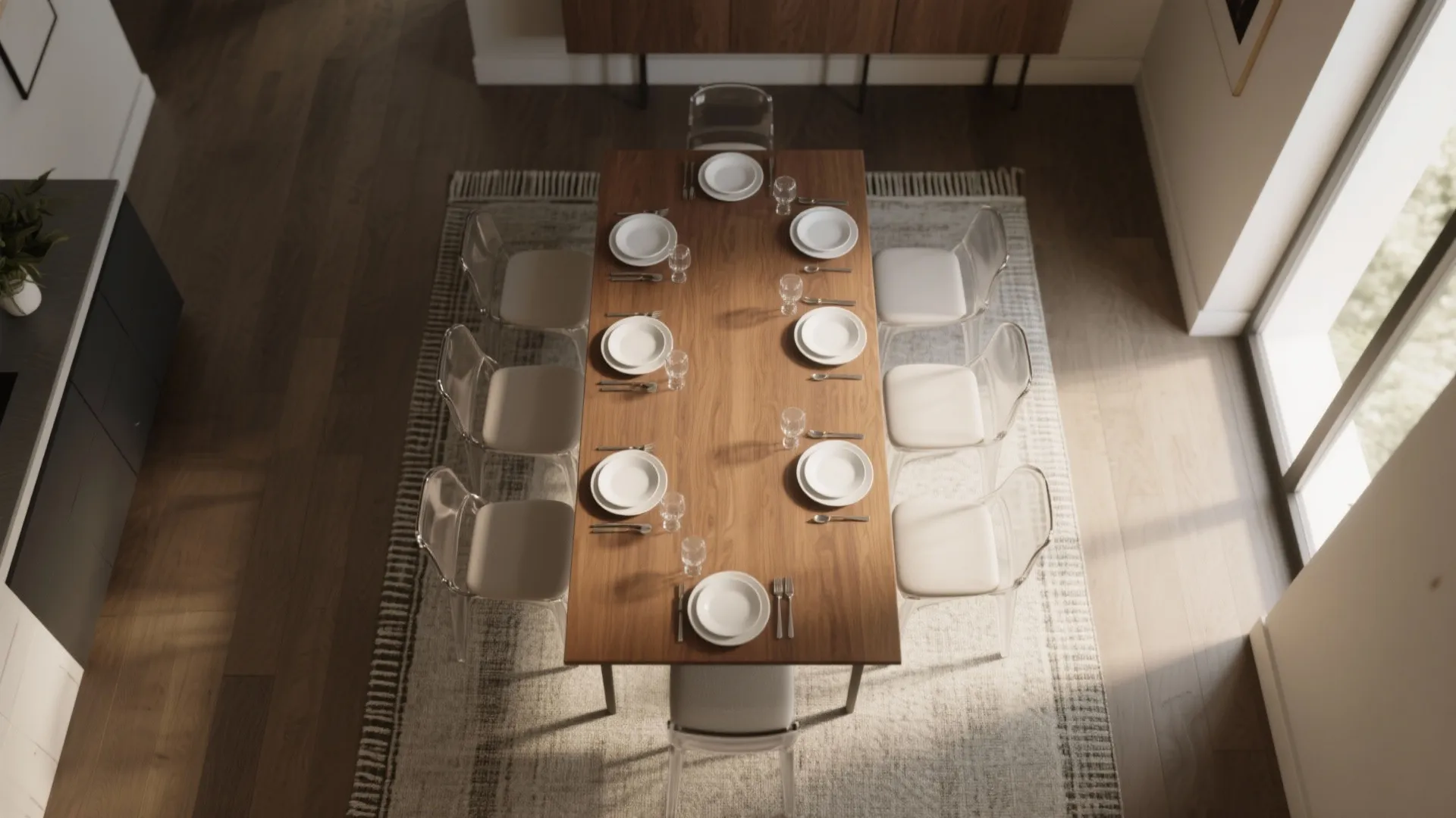 Top-down view of a long wooden dining table with white plates and ten transparent chairs