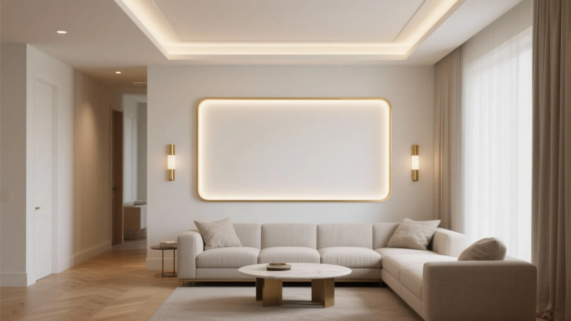 Modern living room with beige sofa marble coffee table wall light and large wall panel