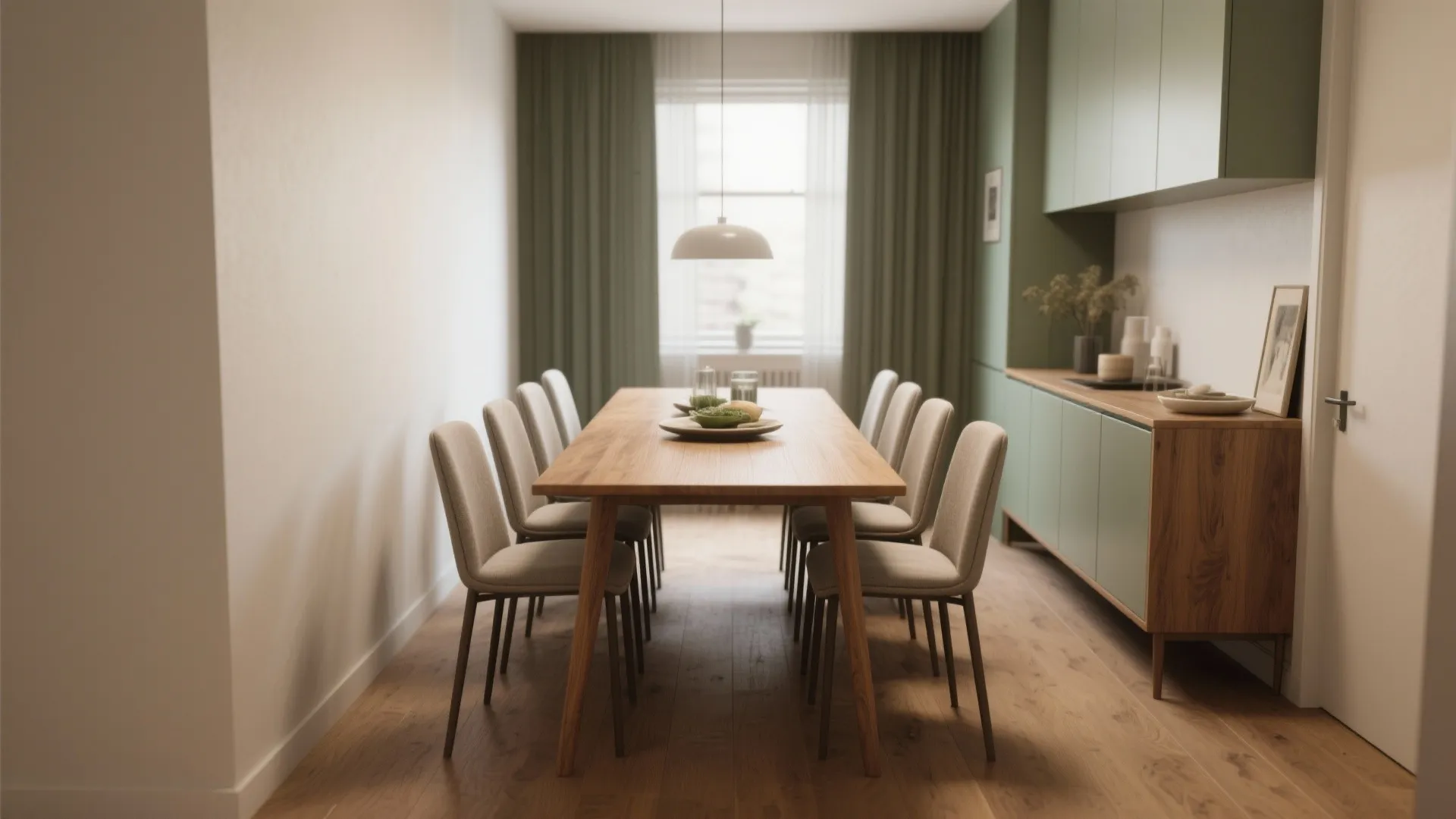 Modern dining room featuring wooden table grey chairs green cabinets white ceiling light and wood floors