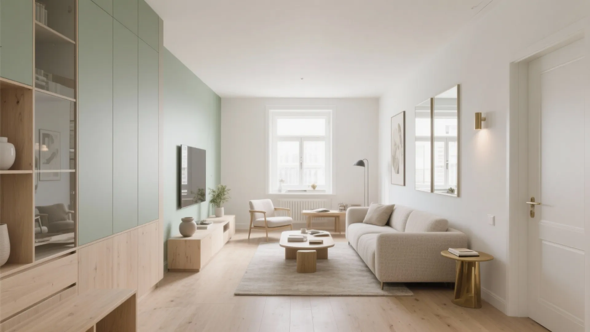 Minimalist living room with green wall beige sofa wooden coffee table window and light flooring