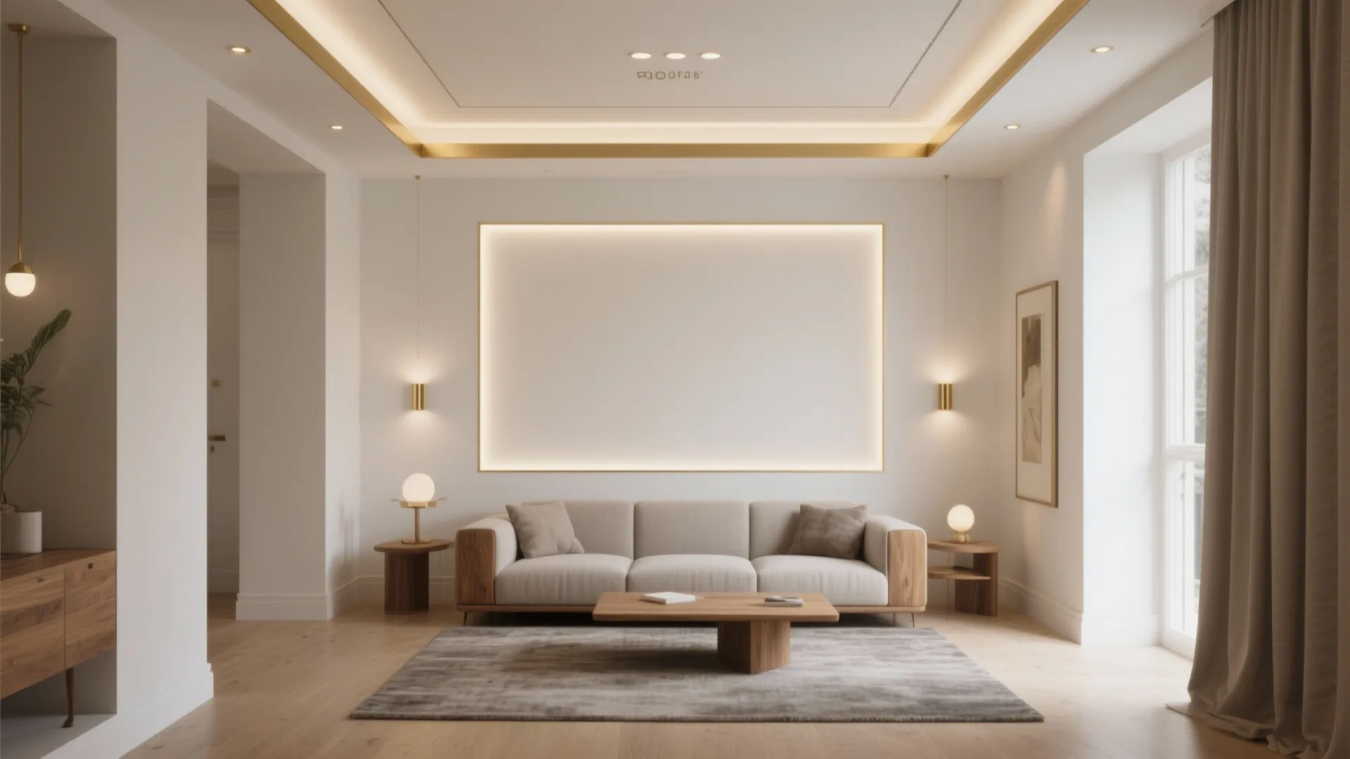 Living room featuring large glowing wall panel beige sofa wooden table and gold recessed ceiling trim
