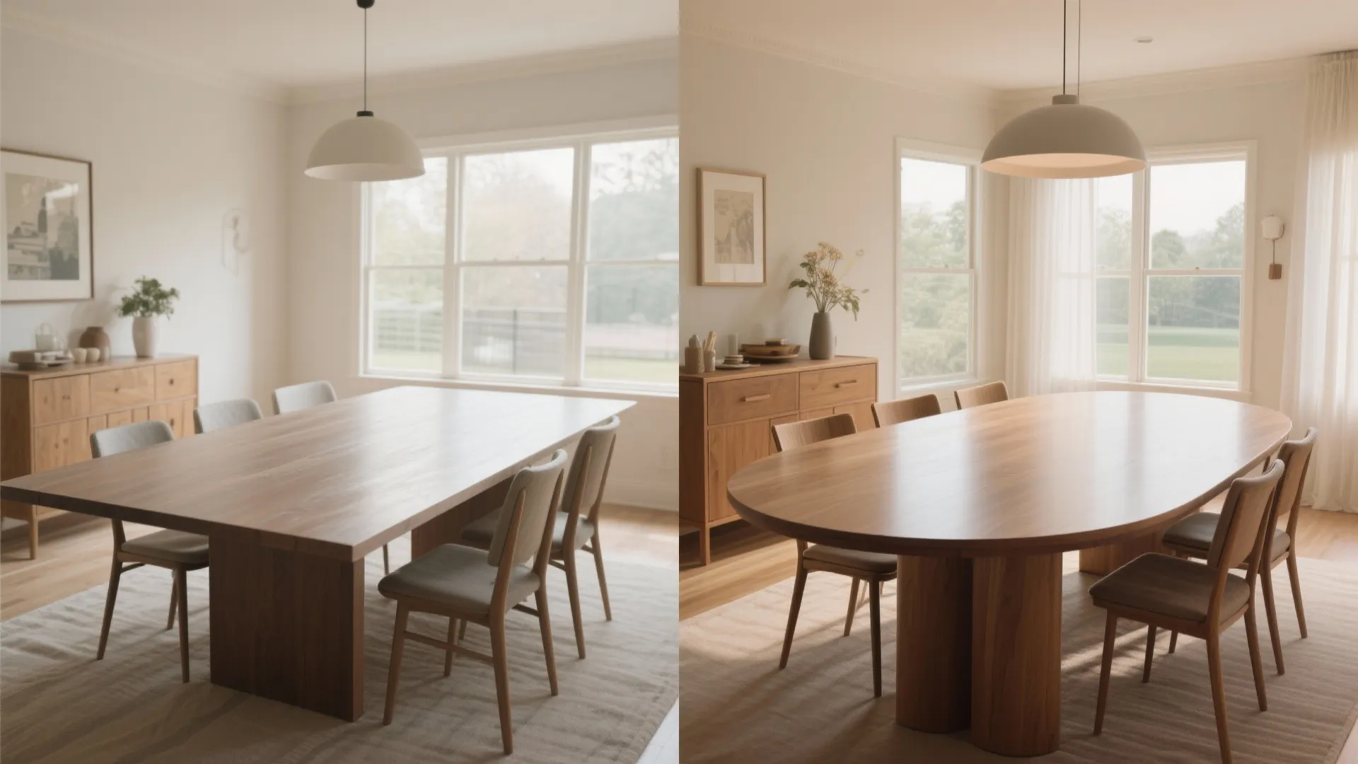 Side by side comparison of a rectangular wooden dining table versus a large oval table