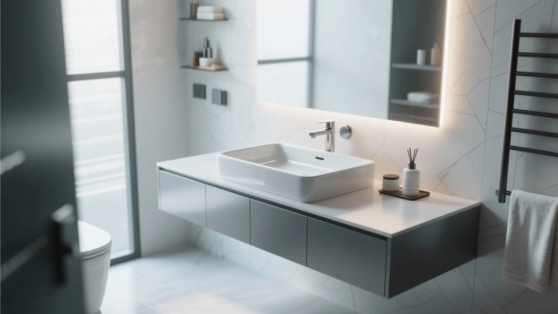 Above-counter rectangular vessel sink in a sleek modern bathroom