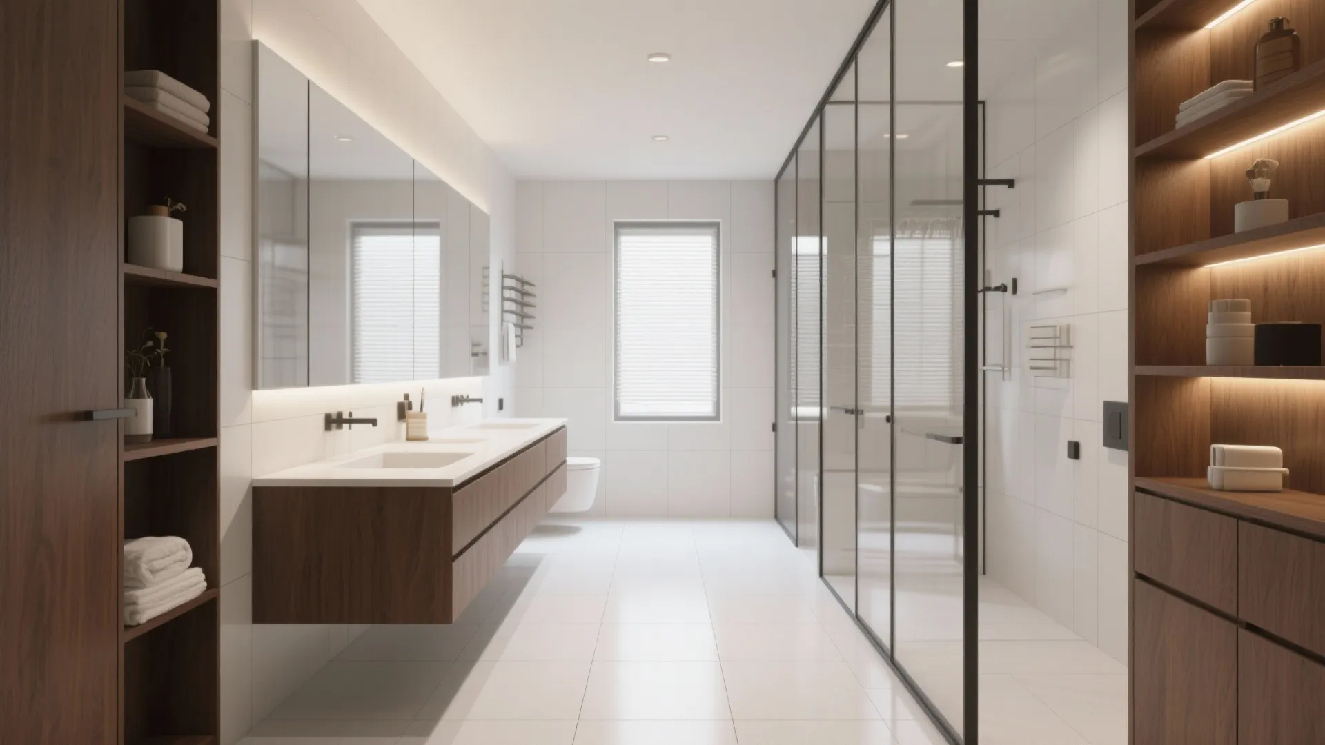 Long bathroom layout featuring wooden storage cabinets, glass shower door, double vanity, and white tiles