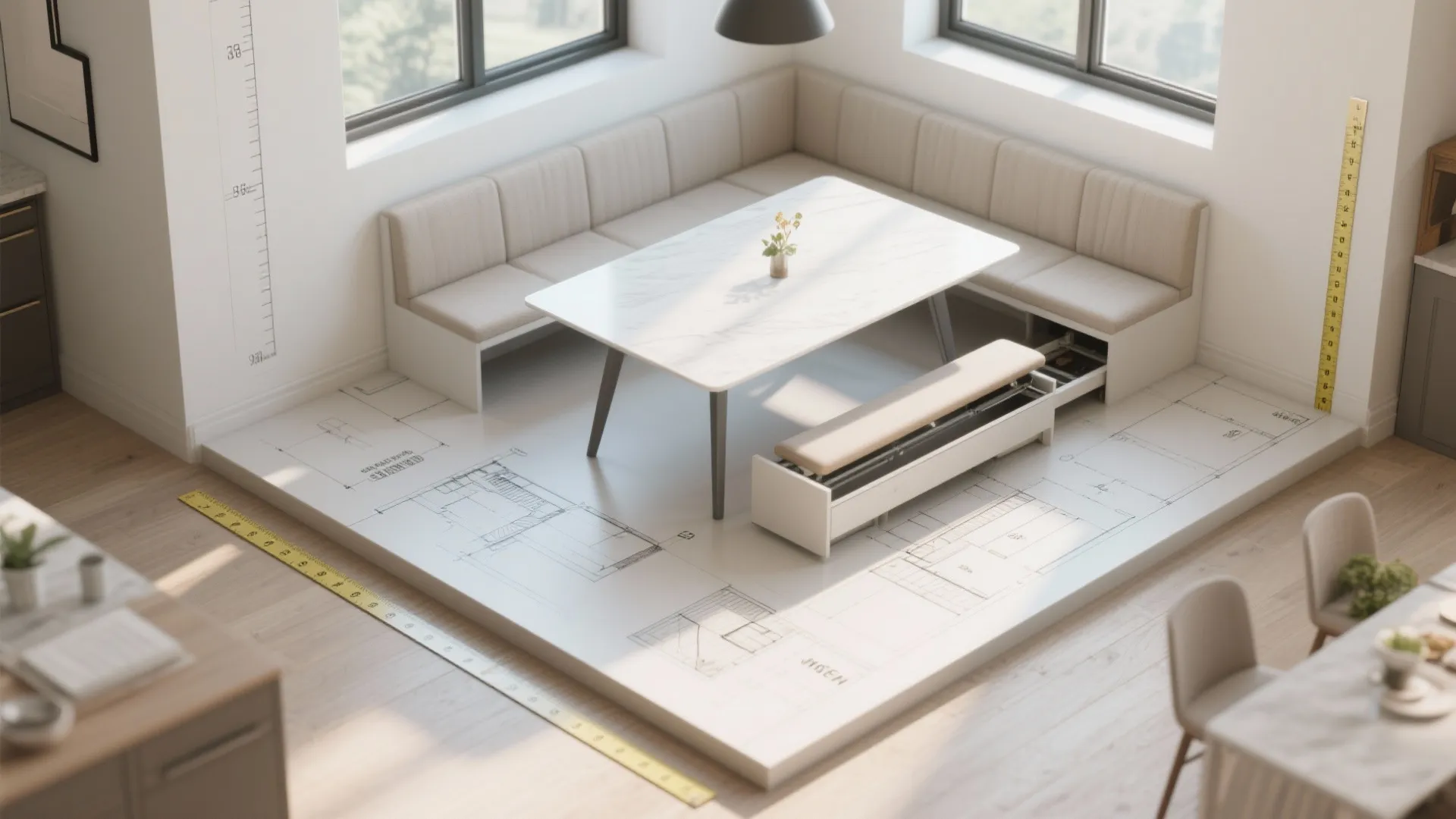 Modern interior design drawing showing room layout with dining table, corner sofa, and floor plan