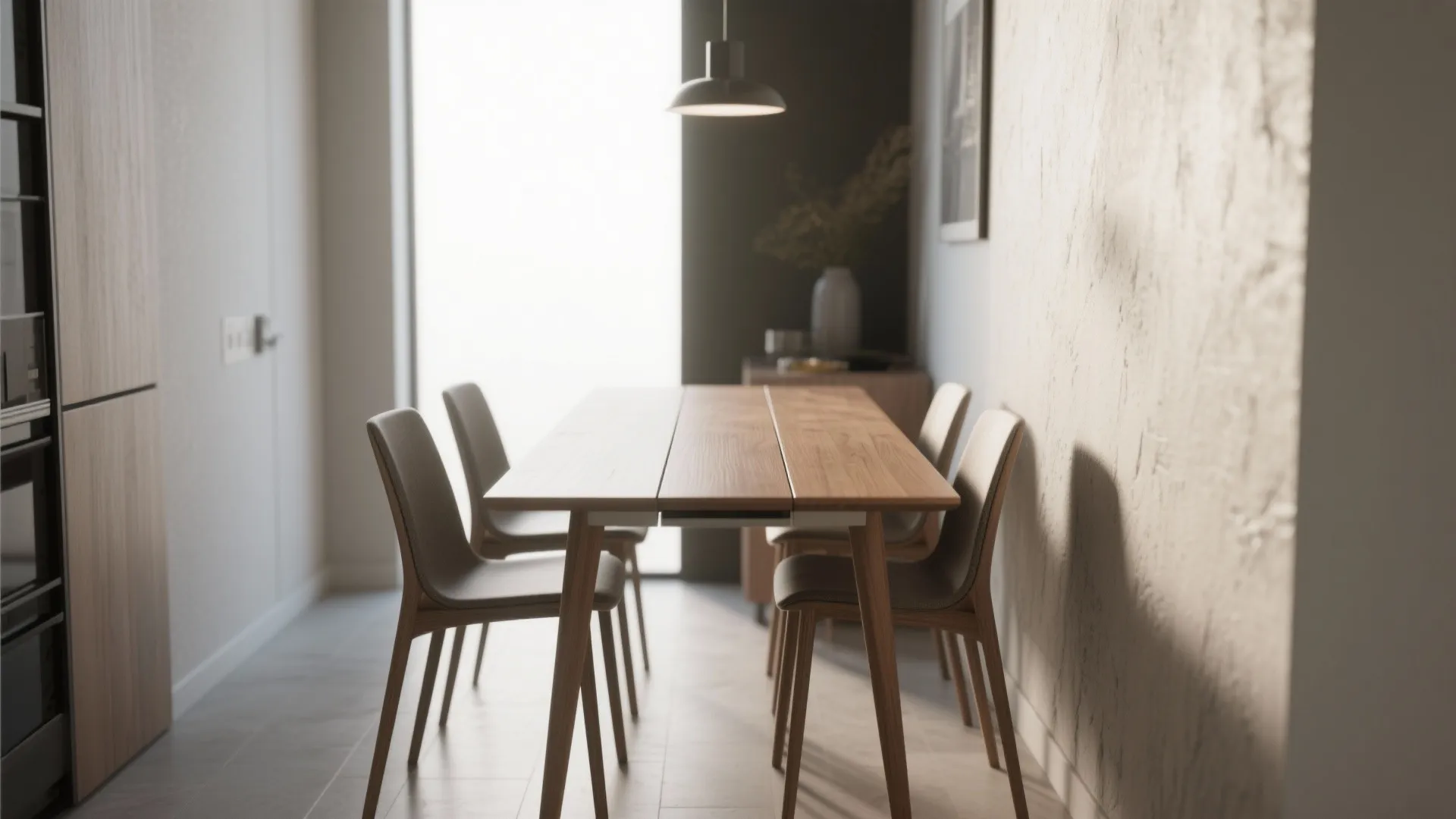 Slim rectangular drop leaf table placed against a wall