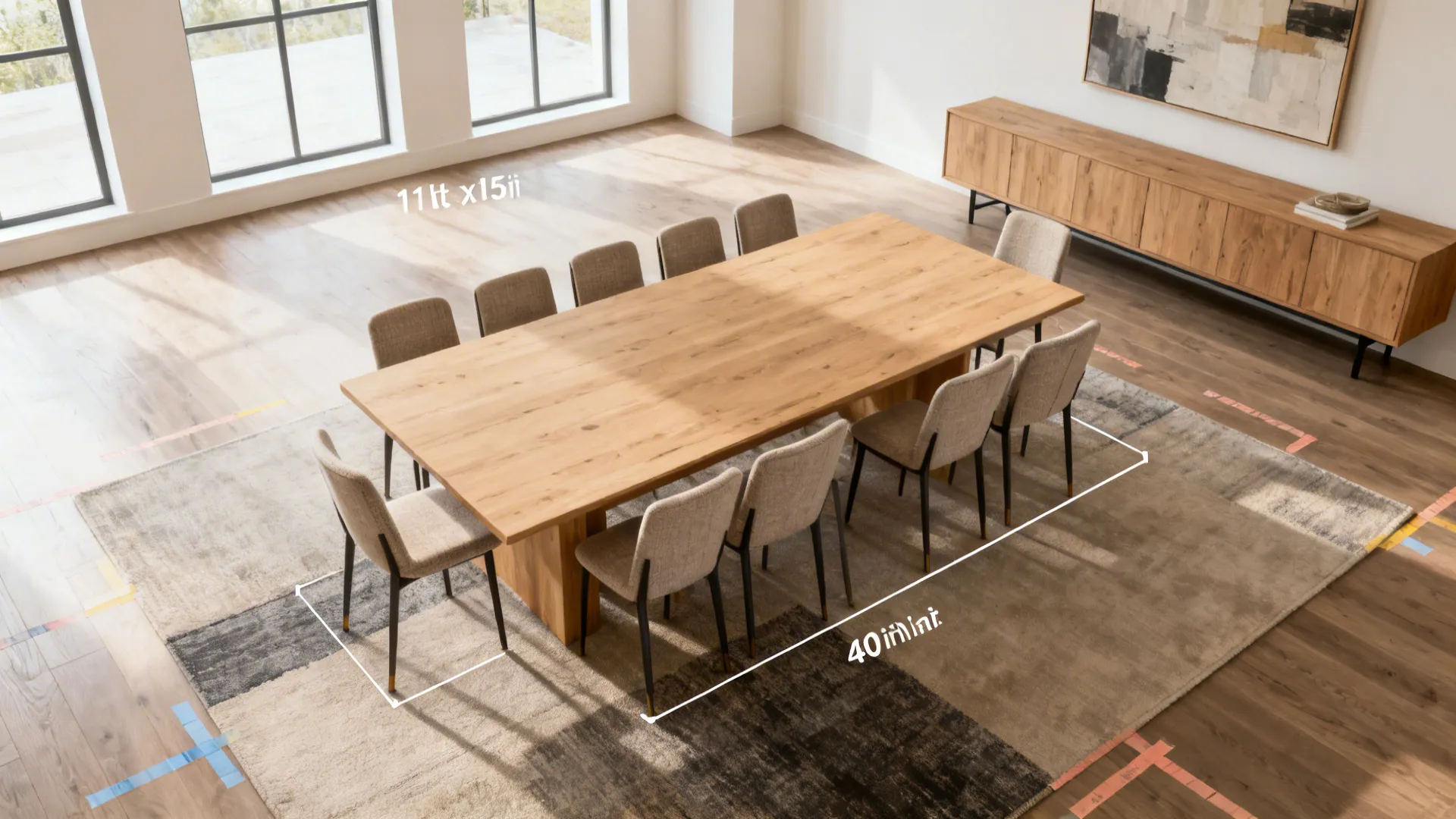 Rectangular wooden dining table with ten chairs showing floor measurements in a bright modern room