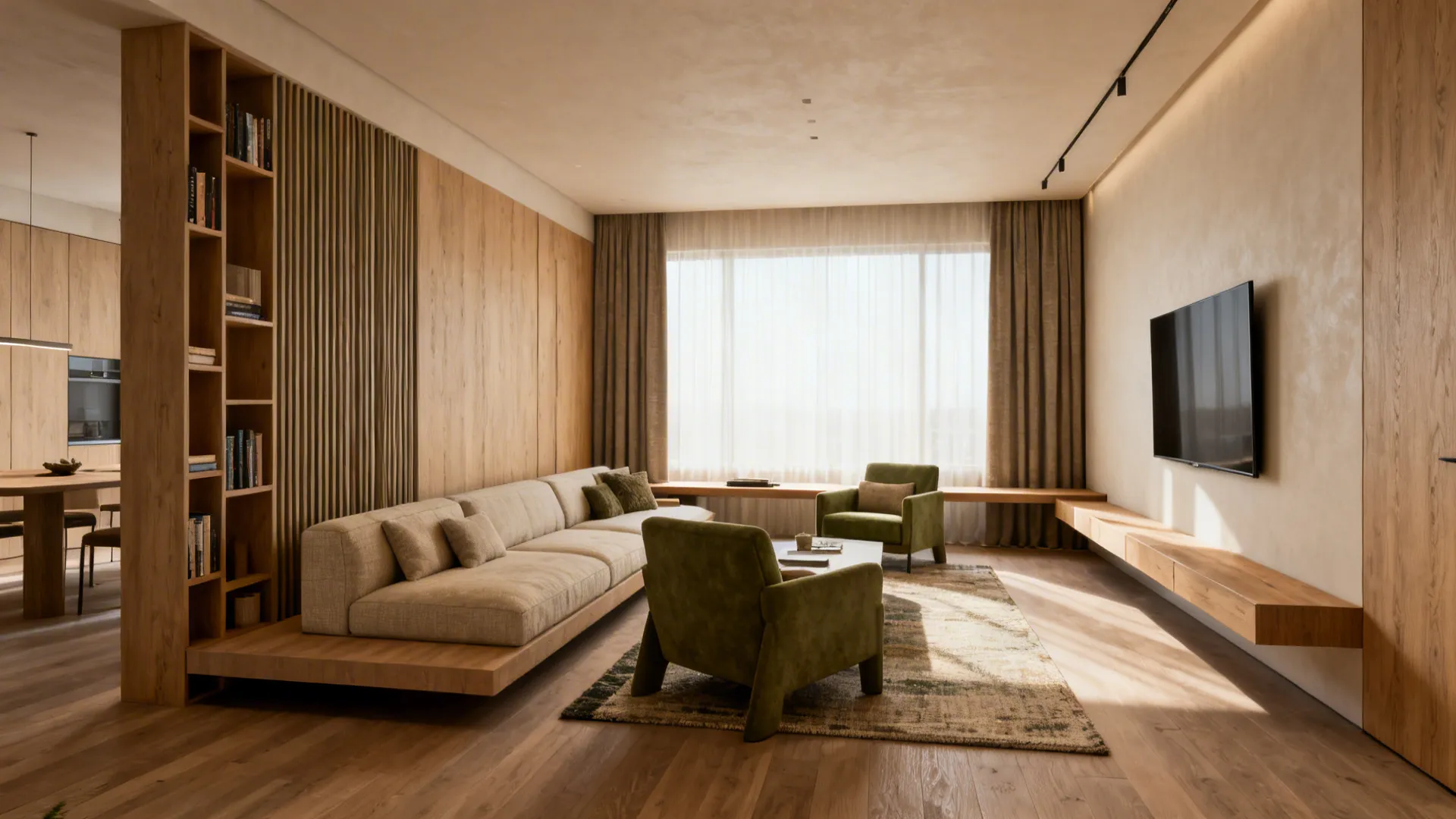 Modern living room featuring beige sofa green armchairs wooden bookshelf wall mounted television and long curtains