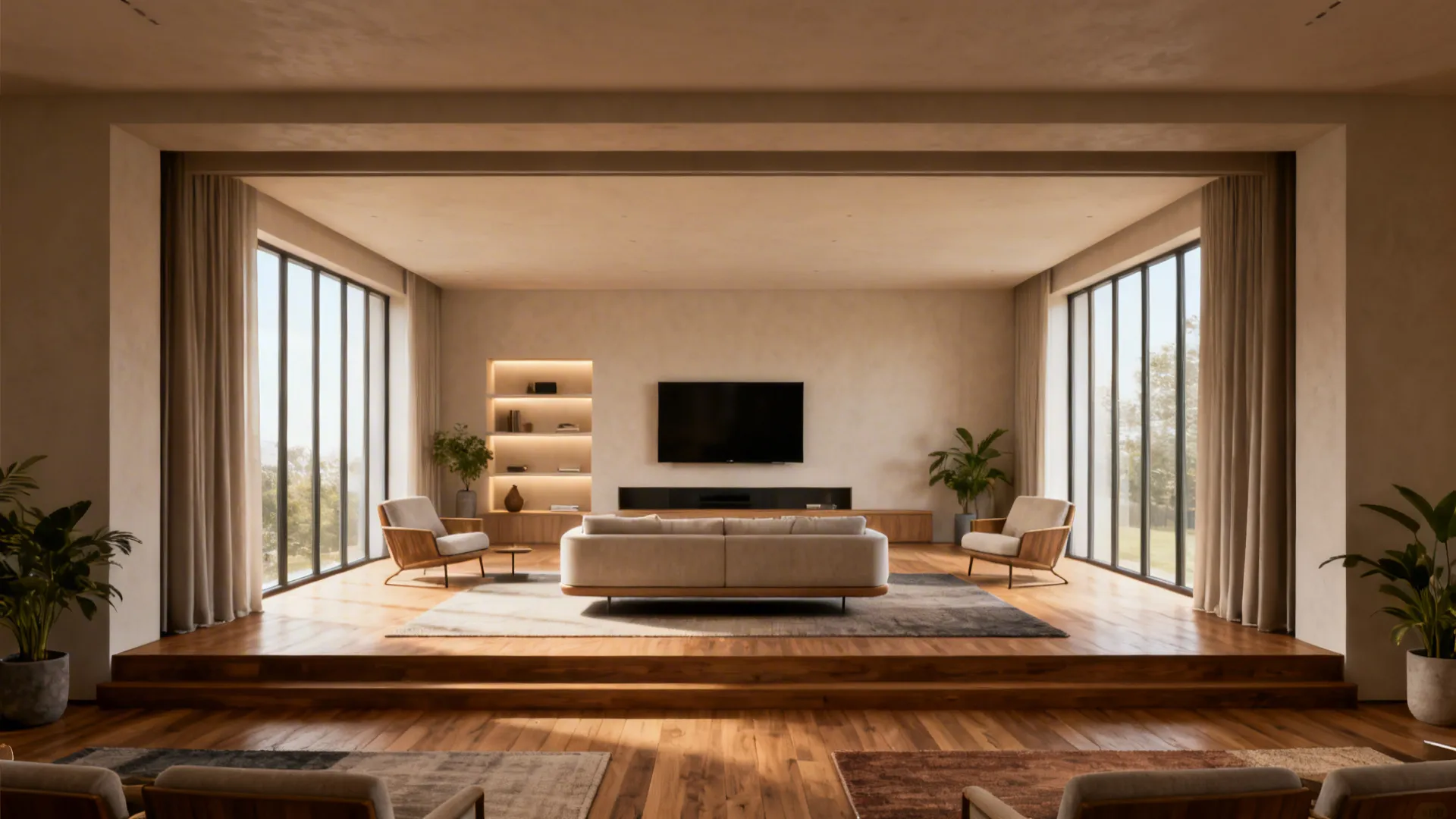 Large modern living room with wooden floors beige sofa wall mounted television and floor plants