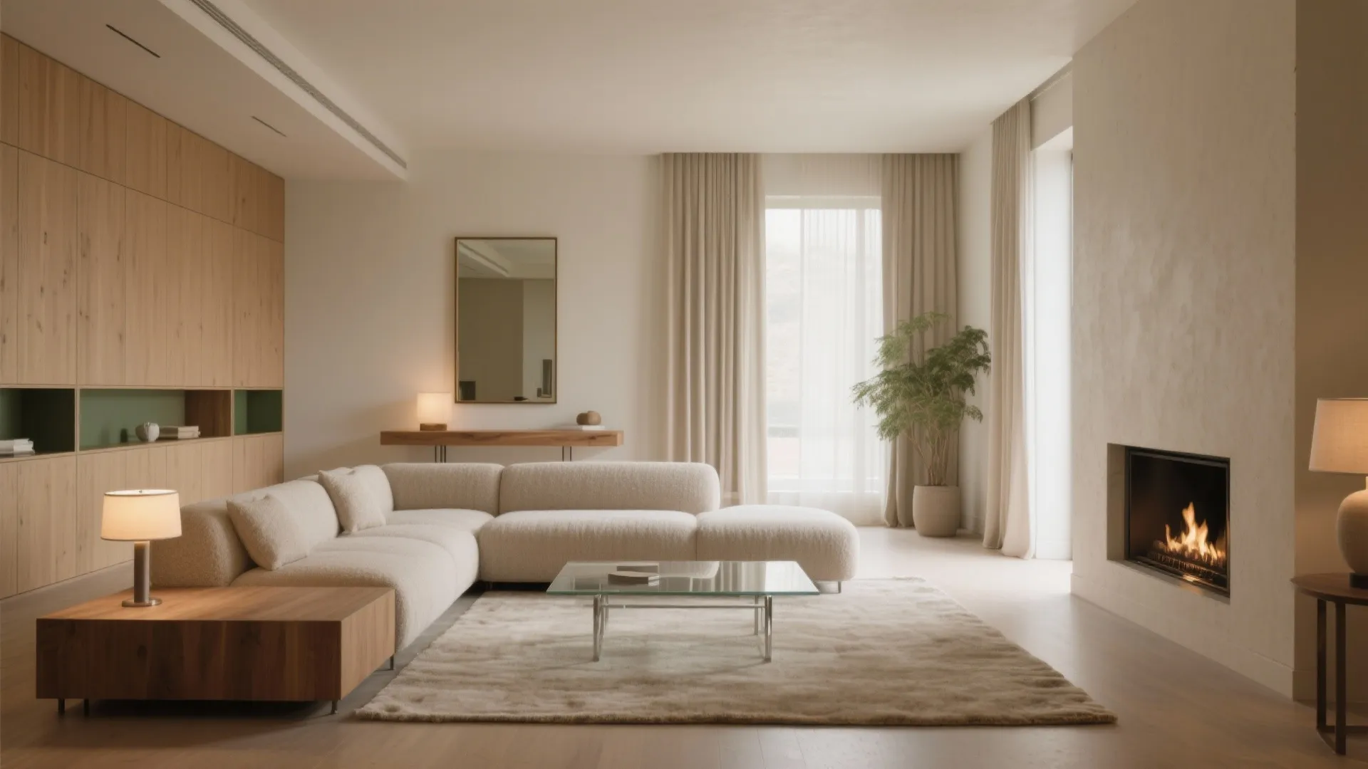 Cozy living room interior featuring cream sofa glass coffee table fireplace and warm wood paneling