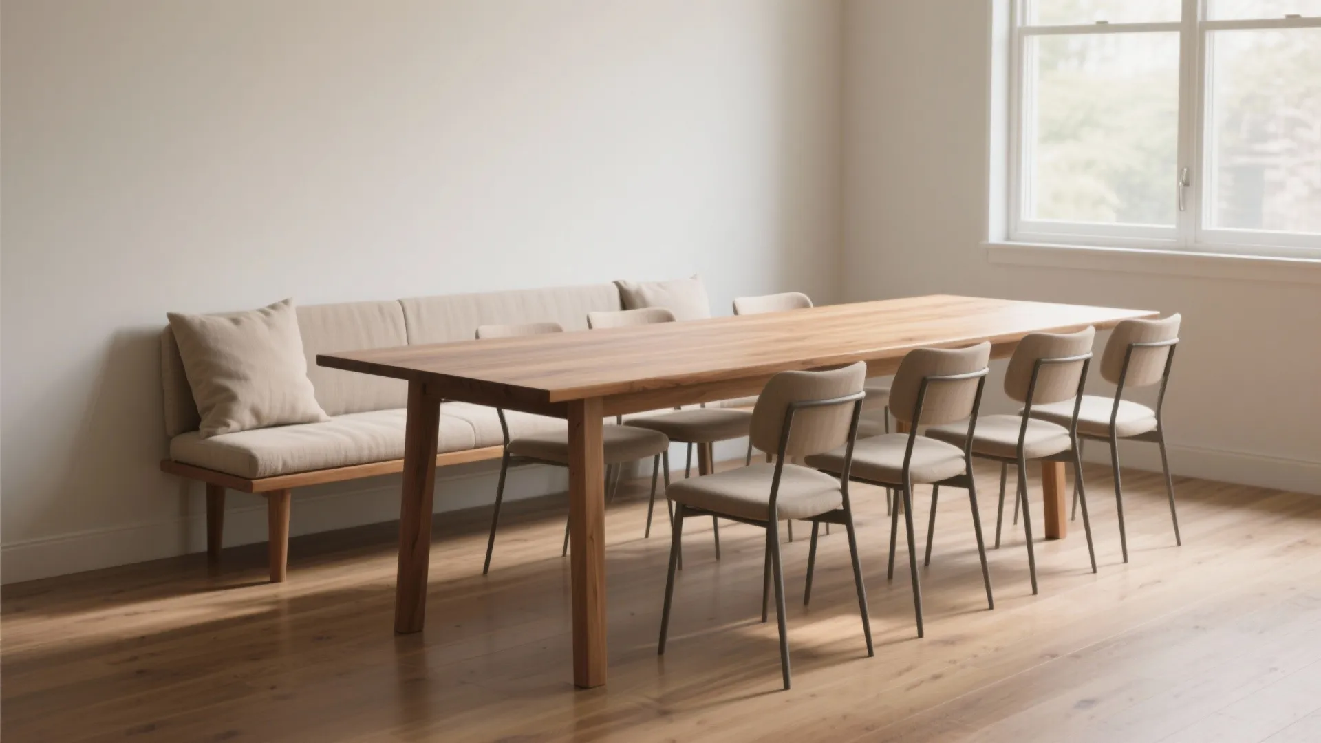 7–8 foot rectangular wooden dining table with a bench on one side and slim chairs on the others in a light, modern dining room.