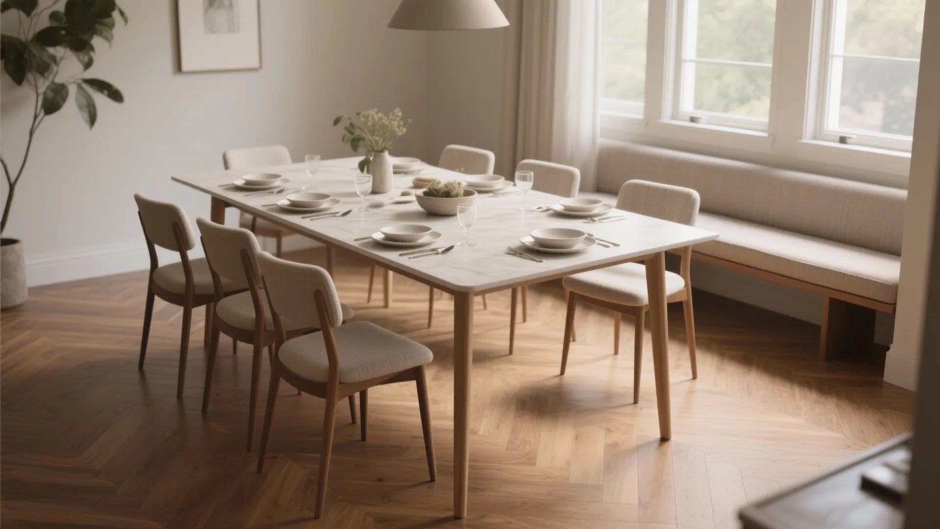 Modern dining room with rectangular white marble table wooden chairs light gray walls and natural sunlight