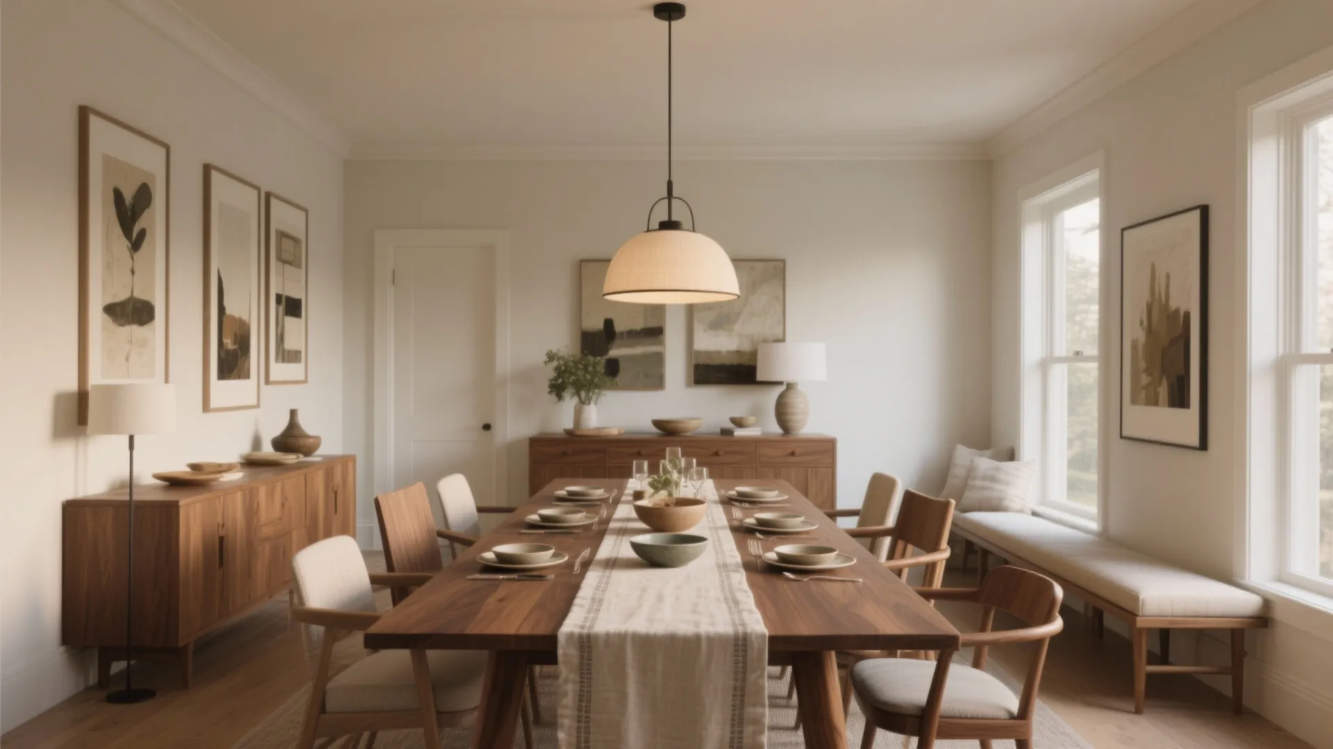 Long wooden dining table with chairs, ceiling light, wall art, cabinets, and a window seat