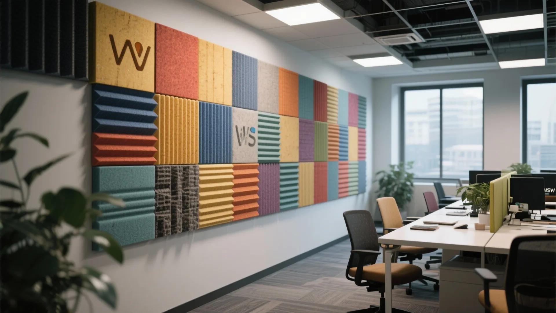 Modern office wall featuring colorful square wall panels arranged in a grid beside white desks