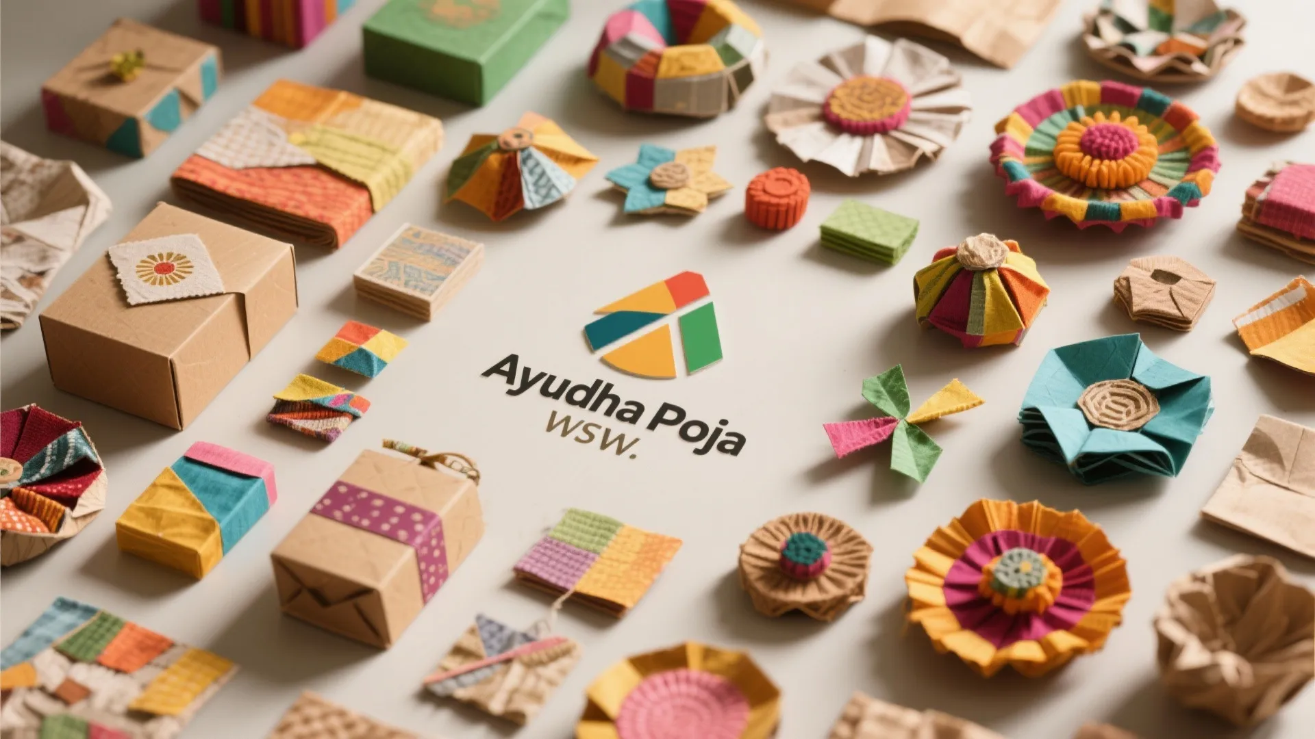 Colorful handmade paper crafts and small gift boxes arranged on a white surface with text