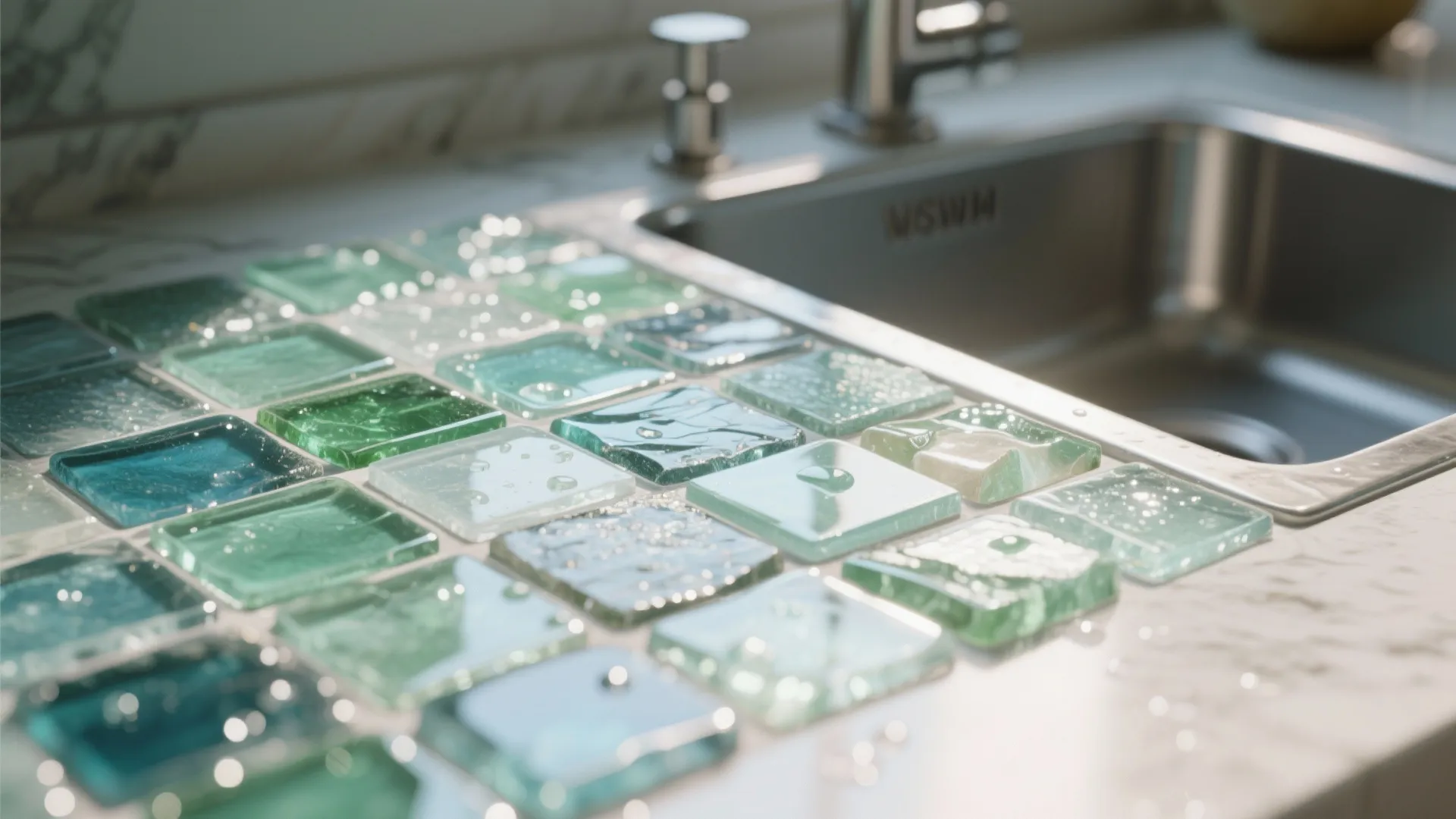 Green and blue square glass tiles with water drops placed on a white kitchen counter surface