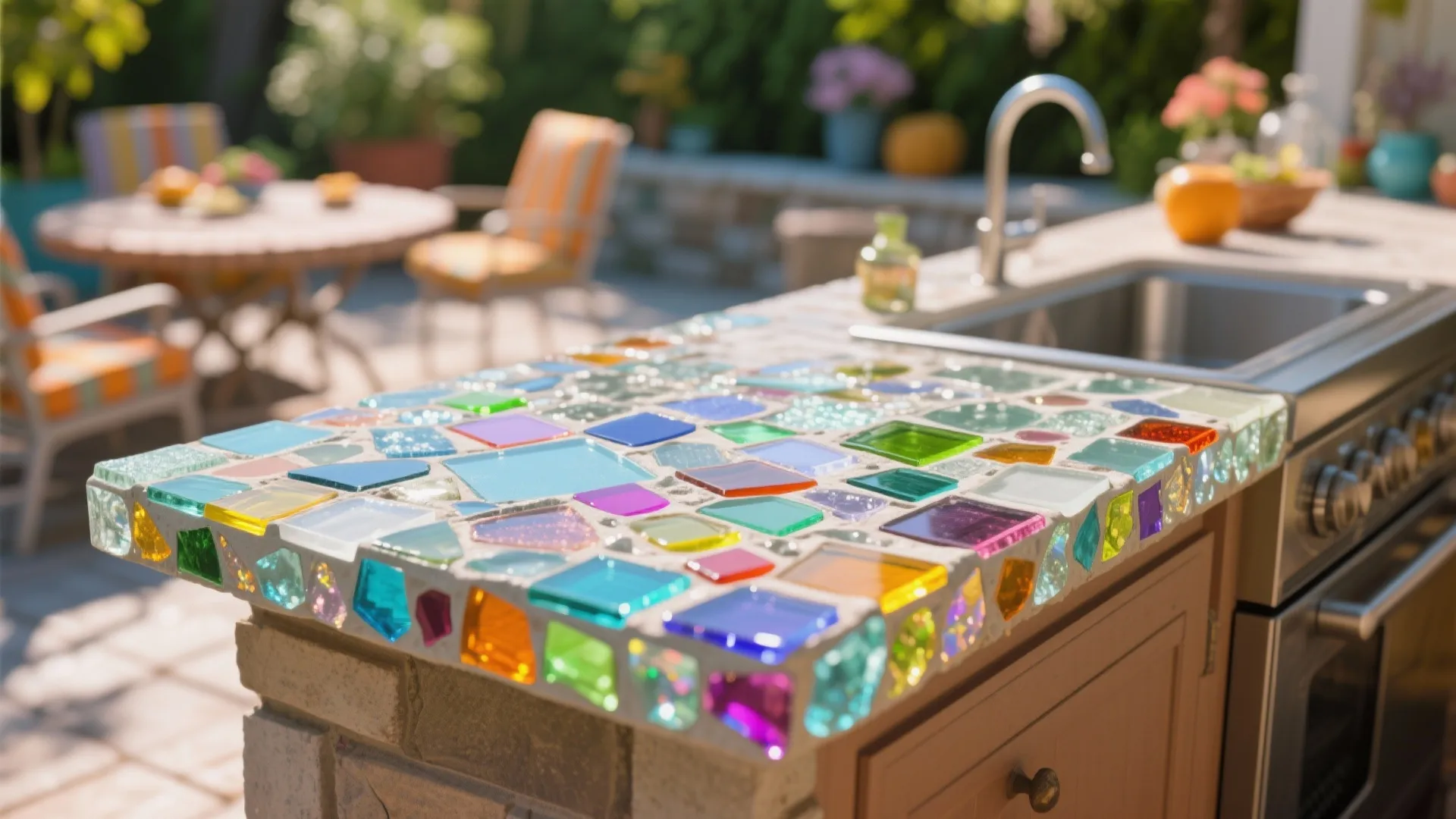 Close-up of recycled glass countertop sparkling in sunlight
