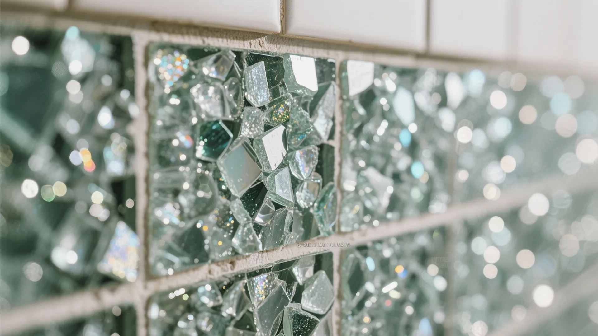 Close up of recycled green glass mosaic tiles with sparkly texture for kitchen wall decorative surface