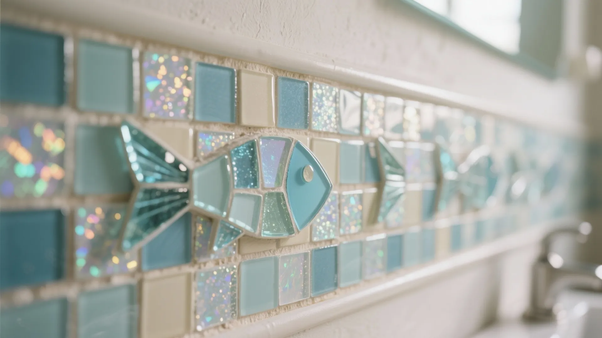 Close up of blue and white mosaic wall tiles featuring a decorative glass fish design