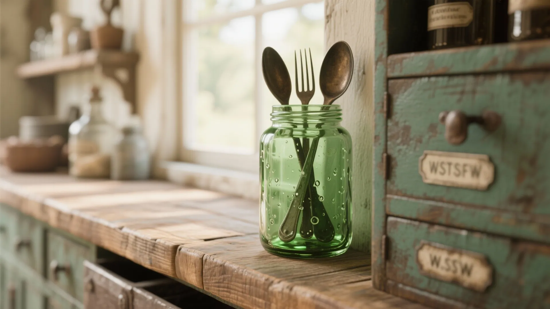 Vintage green glass jar holding metal forks and spoons on a rustic wooden kitchen counter