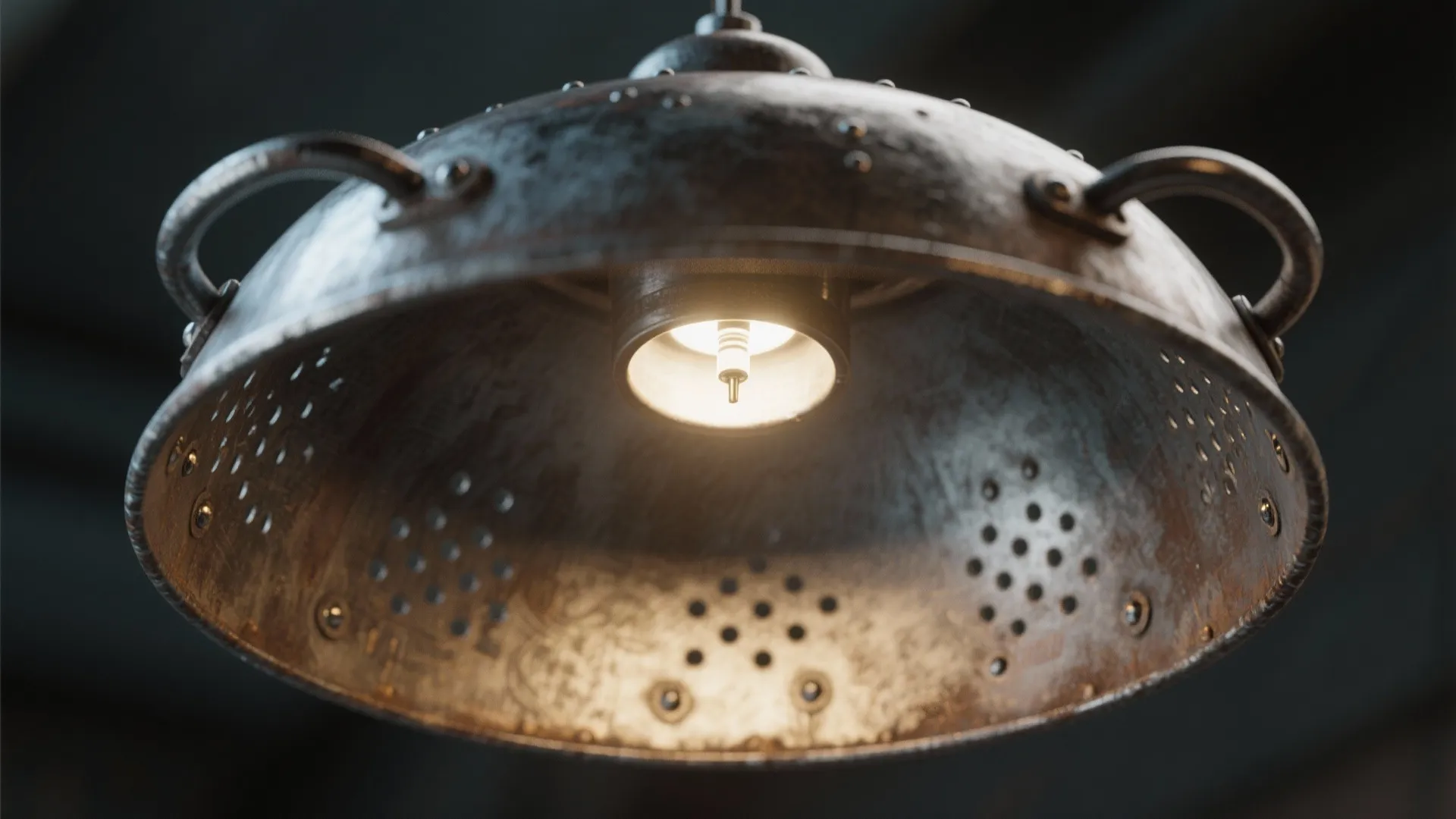 Industrial metal ceiling light fixture made from a rustic bowl with small holes and side handles