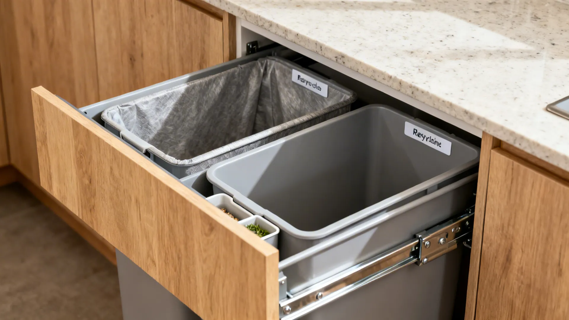 Integrated deep kitchen drawer with dual-compartment bins for recycling and trash, matching wood front.